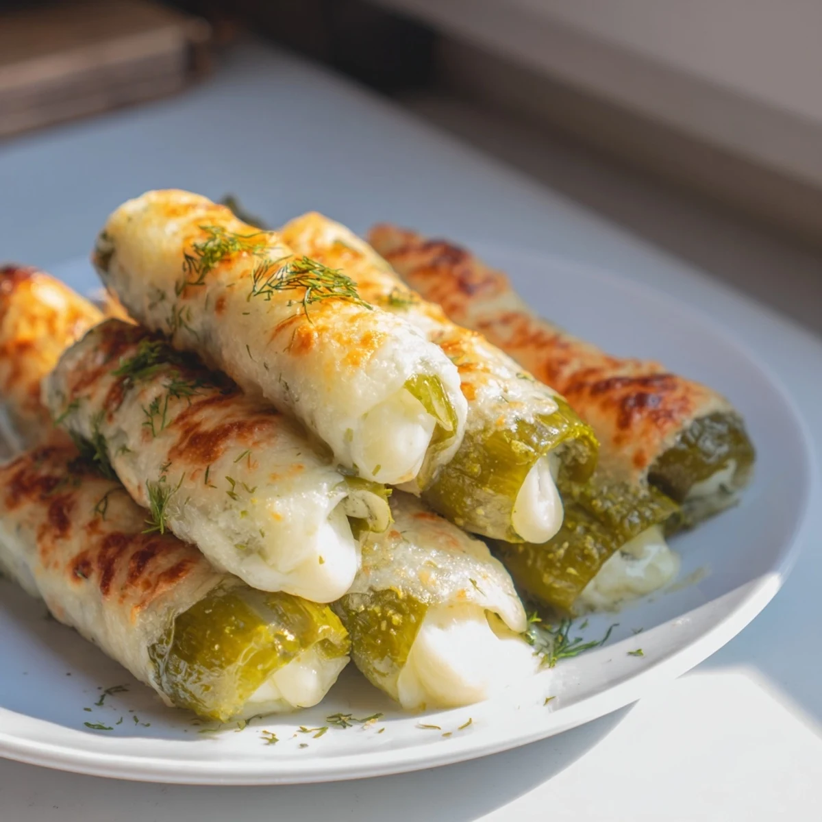A close-up of steaming Melted Cheese Pickle Rolls, showcasing the crispy, golden cheese and juicy pickle inside.