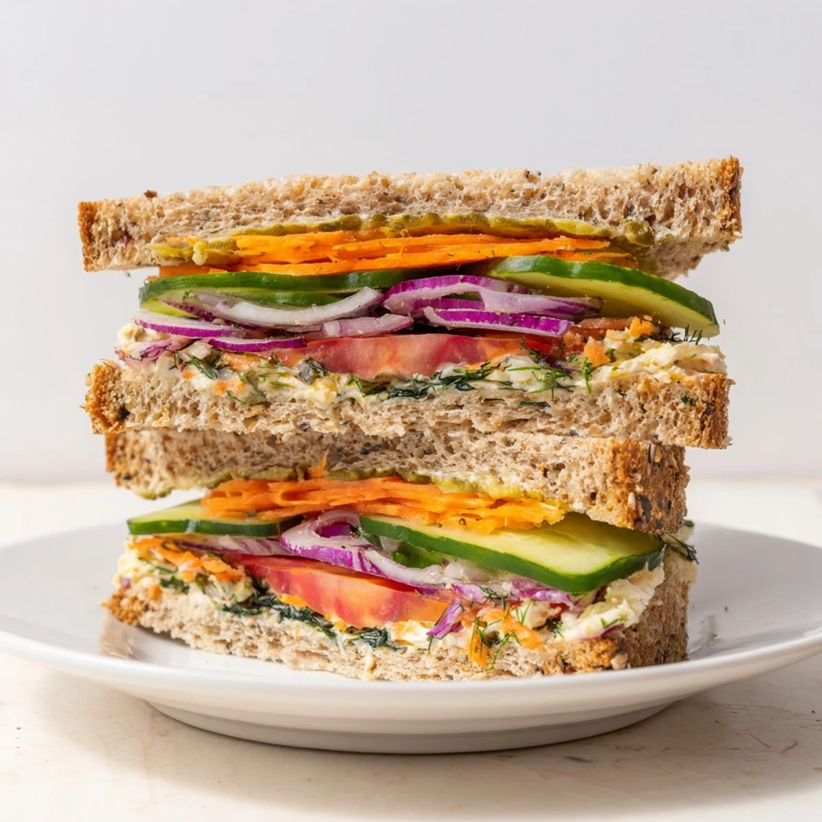 Delicious, layered Crunchy Dill Pickle Sandwich, ready to eat, served alongside a glass of lemonade.