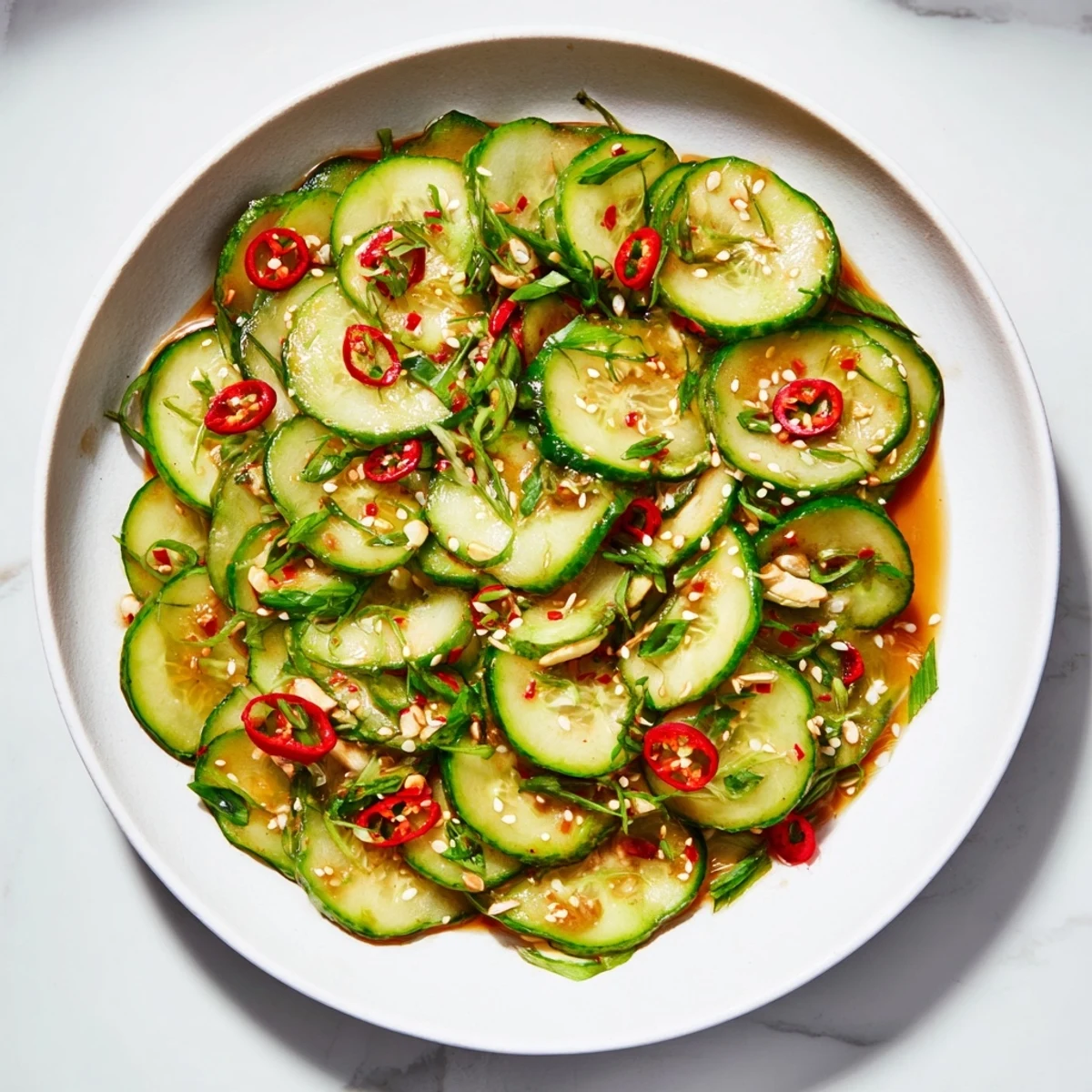Fresh cilantro tops the flavorful Tangy Shaken Asian-Style Cucumber Salad, a refreshing vegan side dish.