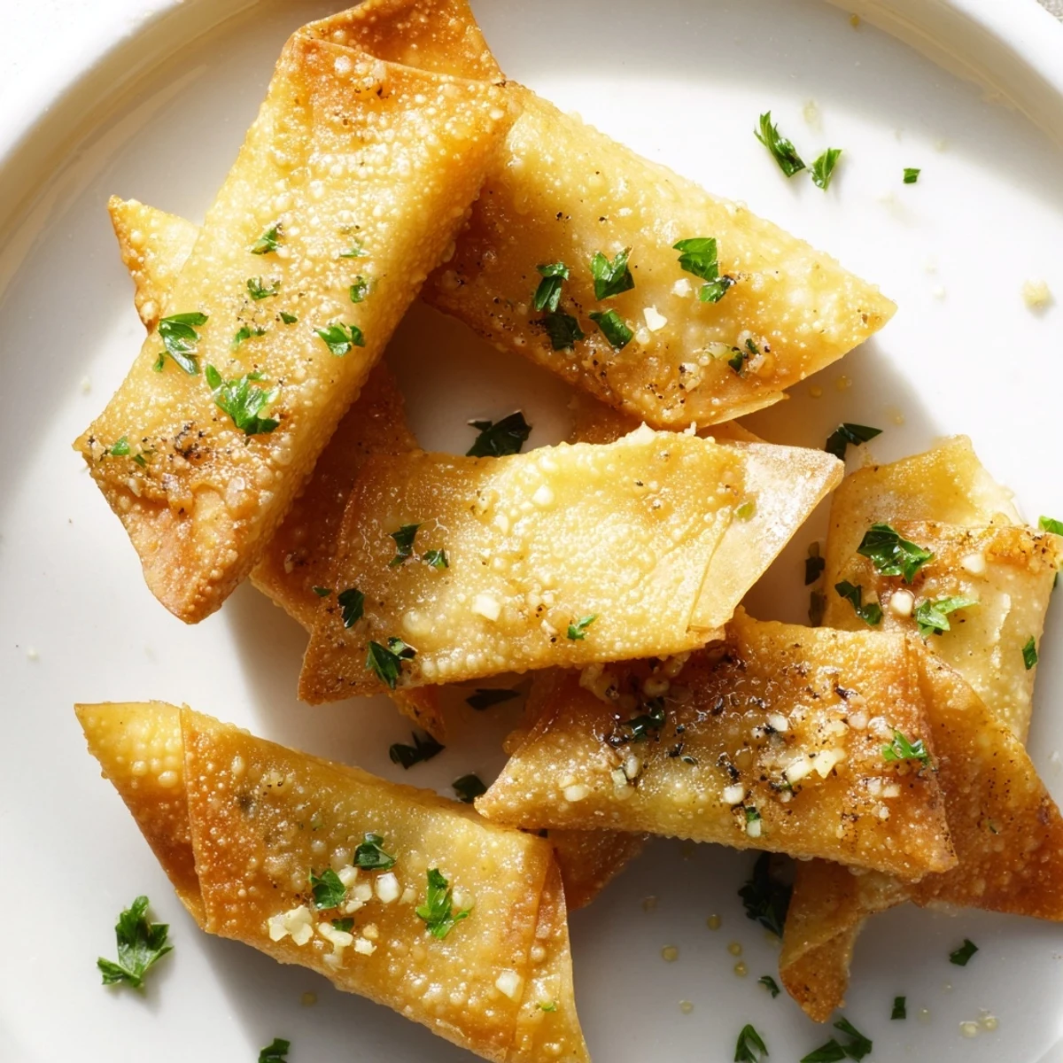 Golden, crispy garlic lumpia chips ready to serve for a delightful vegan snack or appetizer.