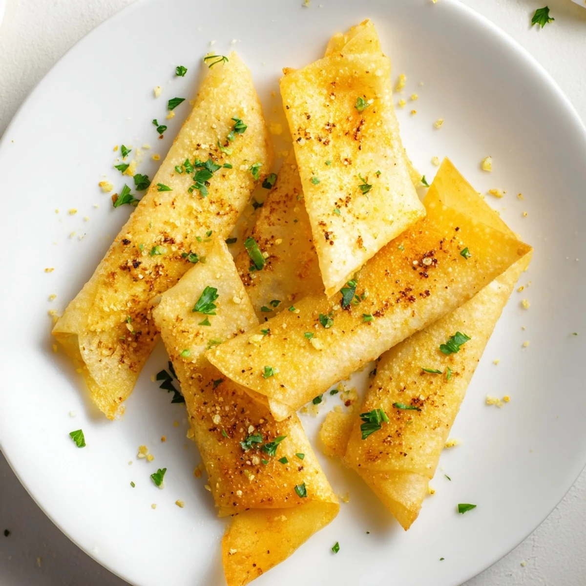 Freshly fried garlic lumpia chips, thin and crunchy, perfect for dipping in sweet chili sauce.