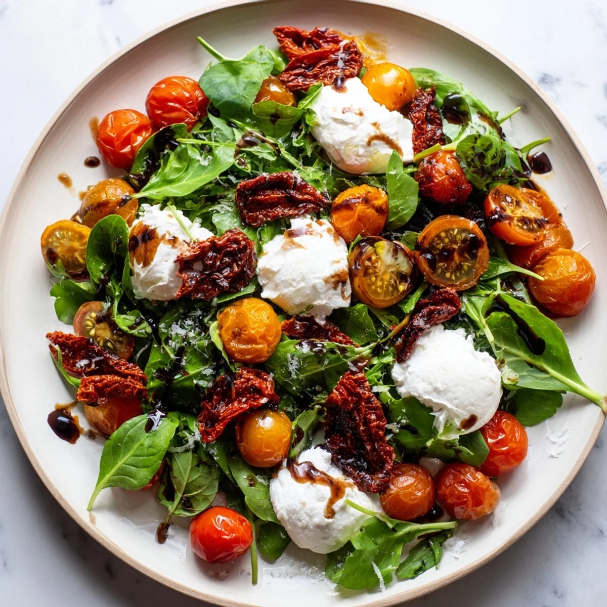 Tomato Flight Salad with roasted tomatoes, creamy burrata, and fresh basil, a vibrant Italian-inspired starter.