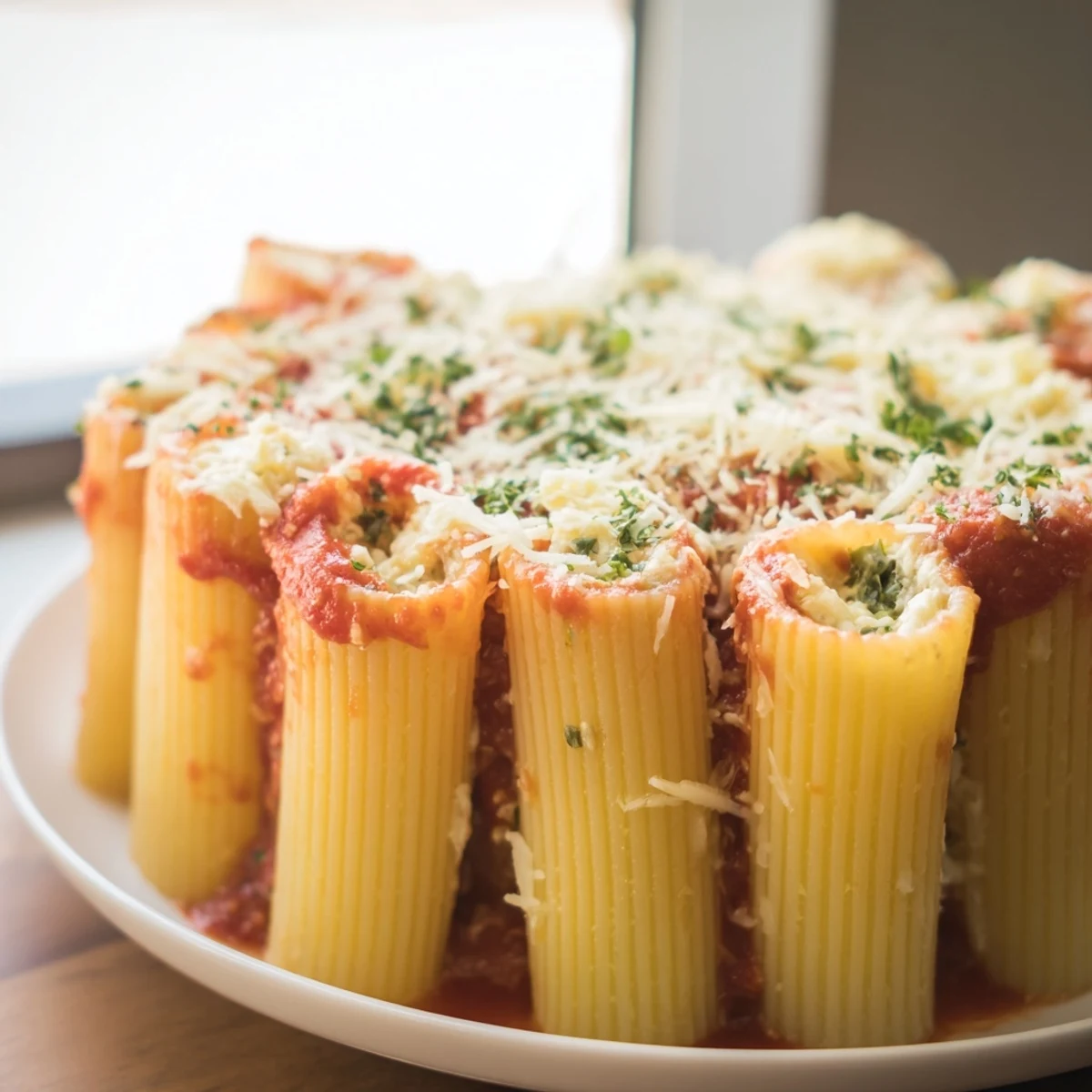 Golden baked Honeycomb Pasta Bake, featuring bubbly cheese and rich marinara sauce, perfect for dinner.