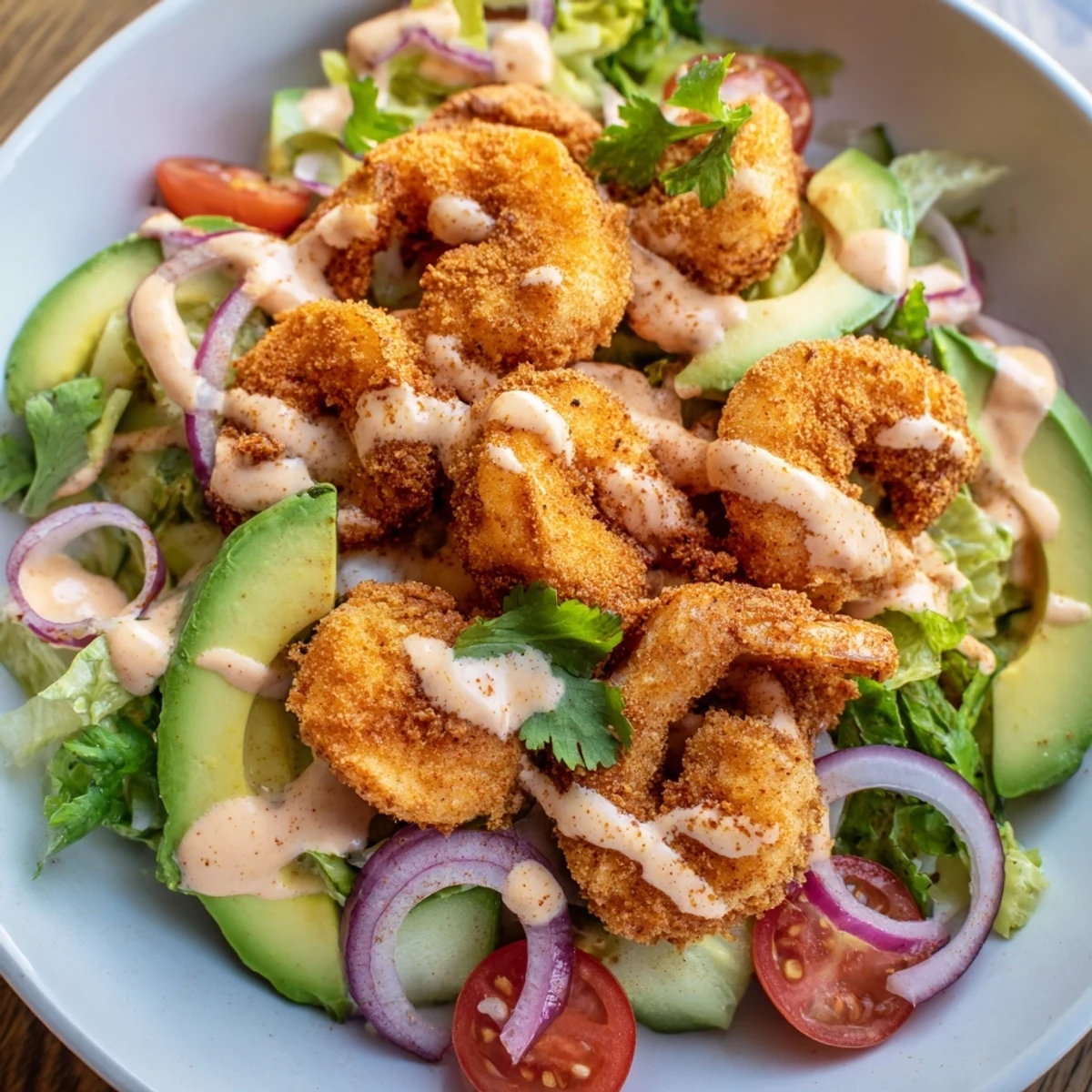 Imagine a colorful bowl of Spicy Crispy Shrimp Salad drizzled with tangy dressing, perfect for lunch.