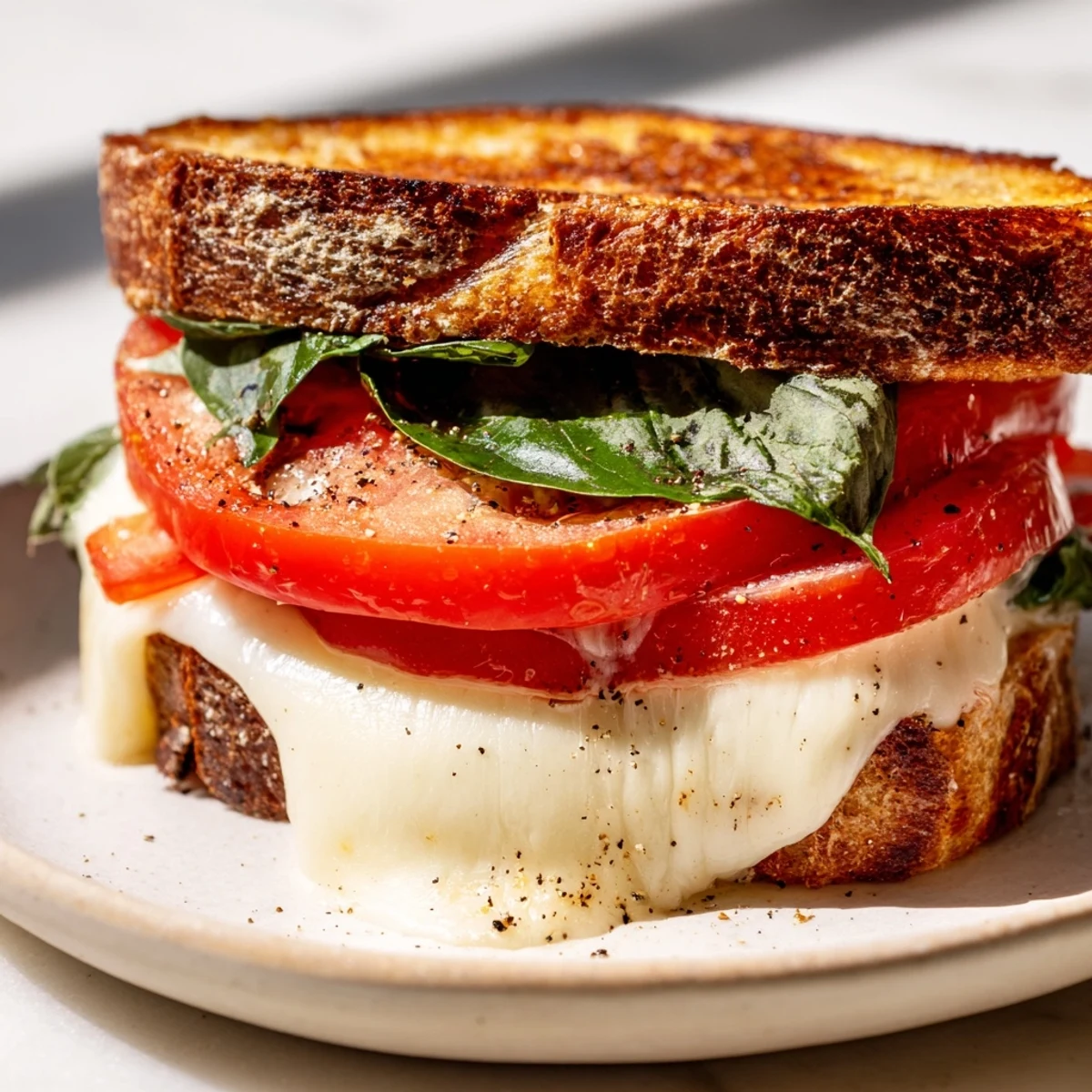 Warm, comforting tomato basil grilled cheese with fragrant basil, ideal for a quick lunch.