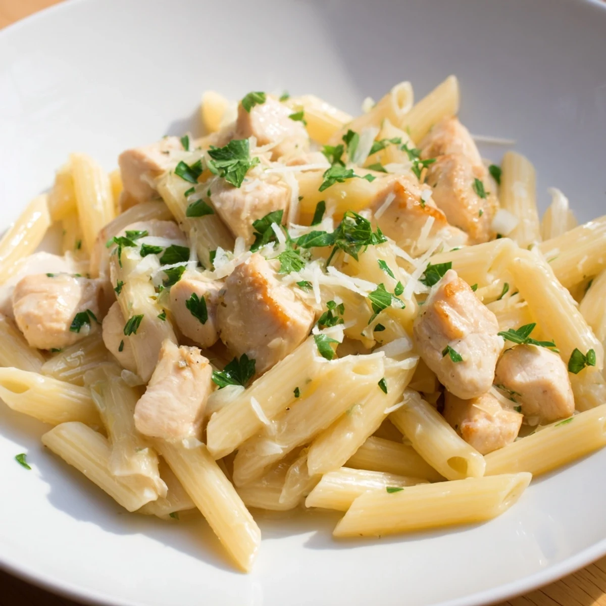 A close-up of Quick Garlic Parmesan Chicken Pasta with creamy sauce, ready to serve and enjoy.