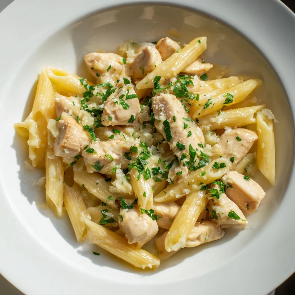 The flavorful Quick Garlic Parmesan Chicken Pasta, with melted cheese and fresh parsley for garnish.
