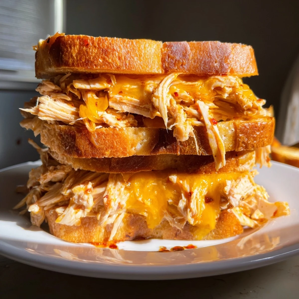 Golden, crispy Chili Crisp Honey Chicken Grilled Cheese sandwich with melted cheese and spicy chicken.