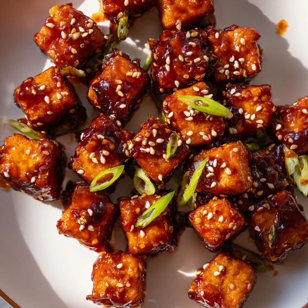 Golden, crispy Honey Gochujang Tofu glistening with a sweet and spicy, vibrant sauce.