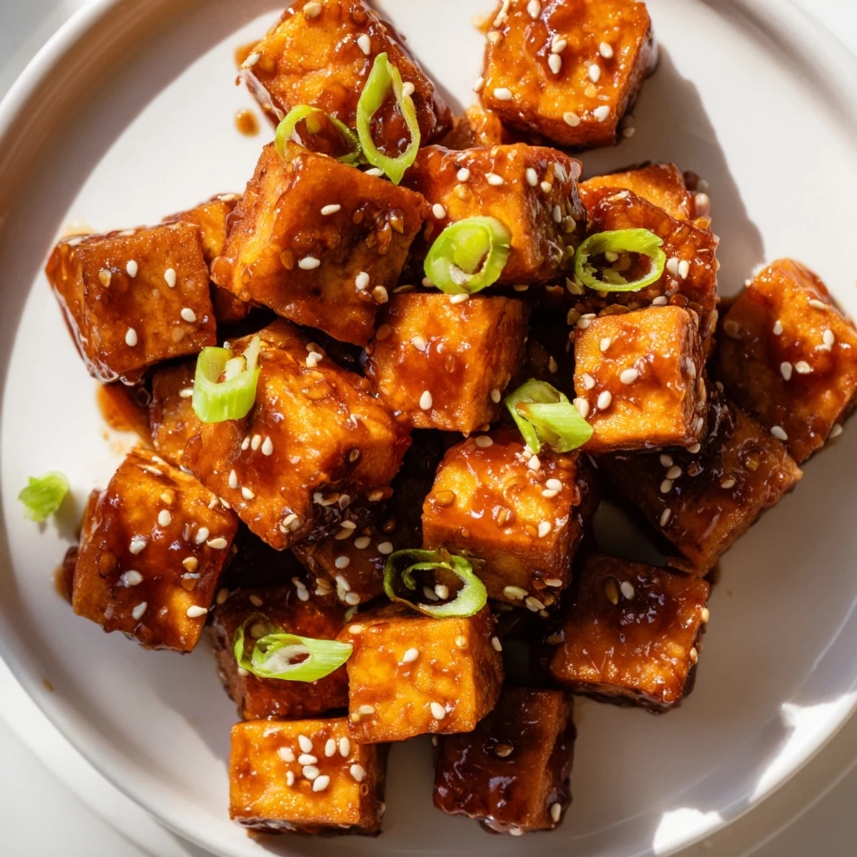 A close-up shot of steaming Honey Gochujang Tofu, ready to be served over fluffy rice.
