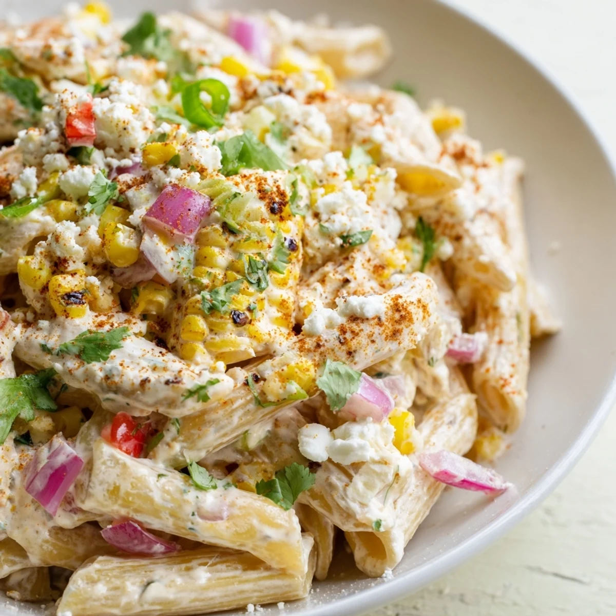 Creamy Mexican Street Corn Pasta, with vibrant corn kernels, perfect for a summer side dish.