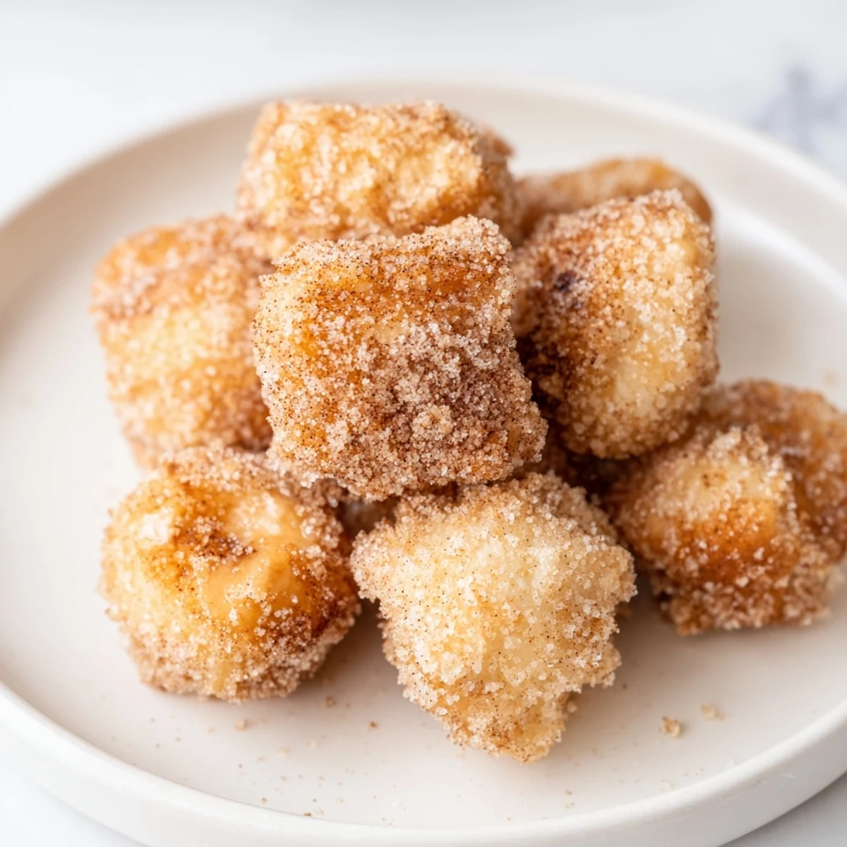 Close-up of warm air fryer cinnamon donuts, invitingly soft, perfect alongside a cup of coffee.