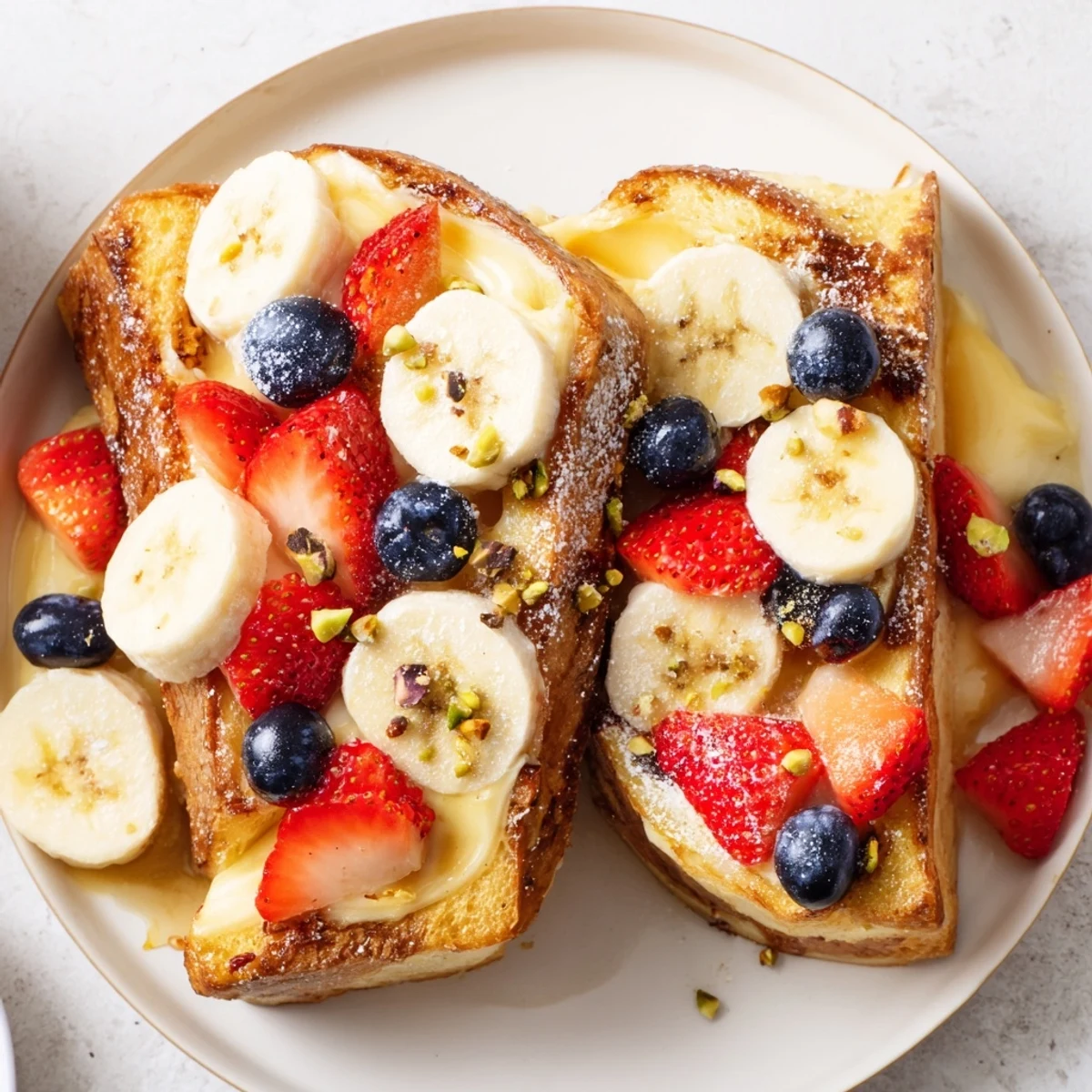 A close-up of baked yogurt toast, filled with creamy custard and vibrant fresh berries.