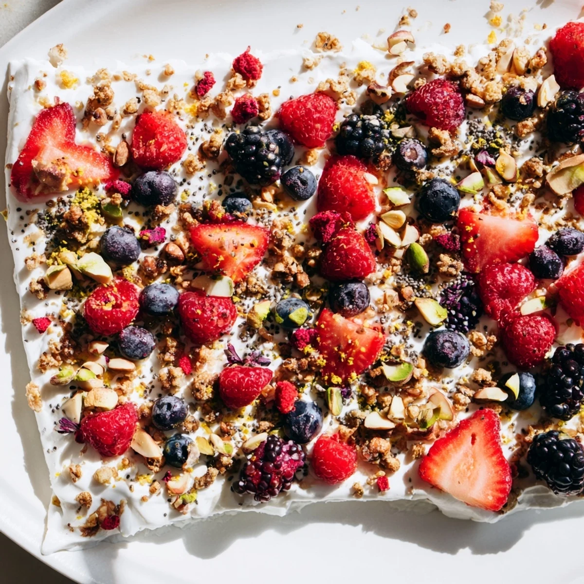 Frozen fruit yogurt bark with vibrant berries: a sweet and healthy freezer snack.