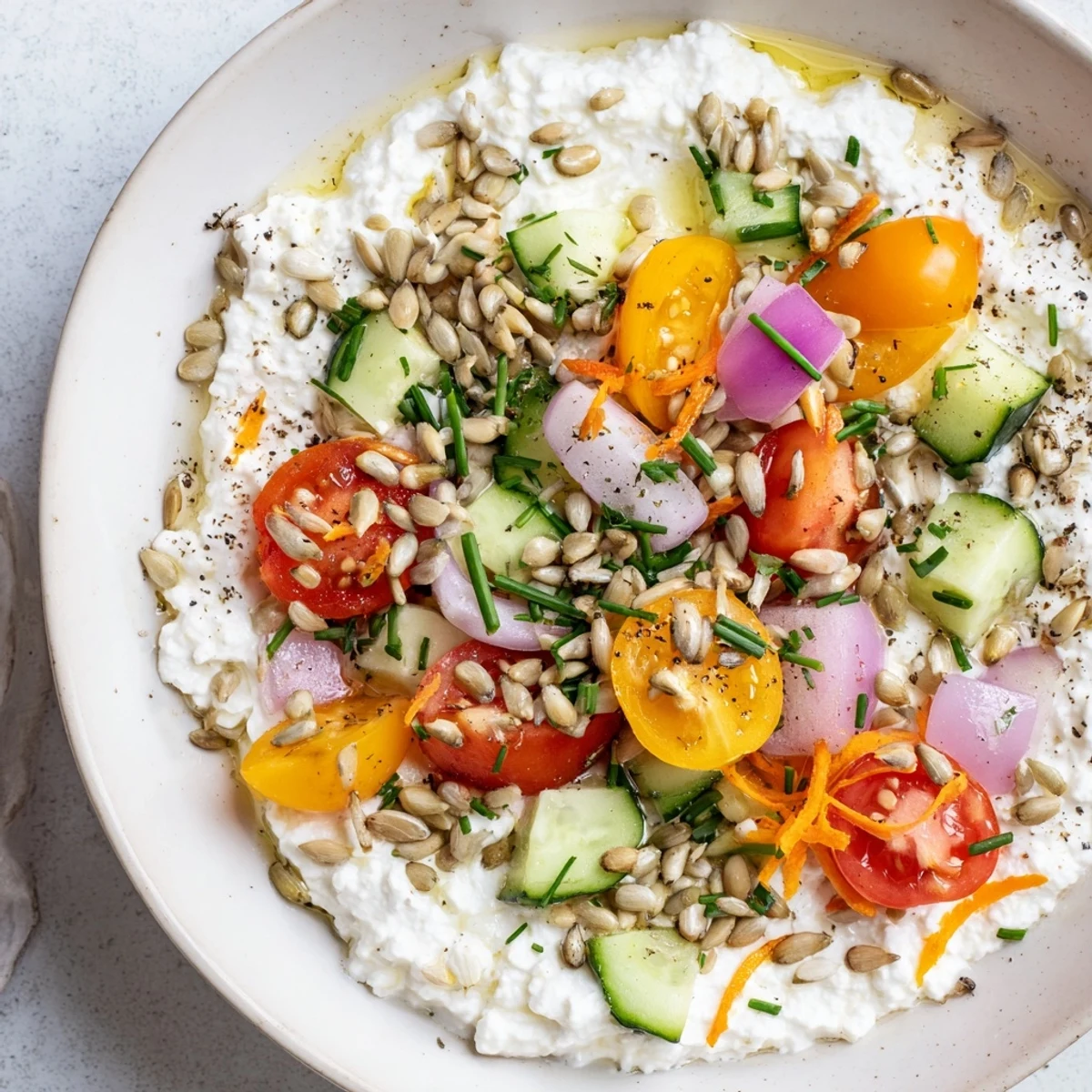 Creamy cottage cheese snack bowl with fresh veggies, olive oil, and crunchy sunflower seeds.