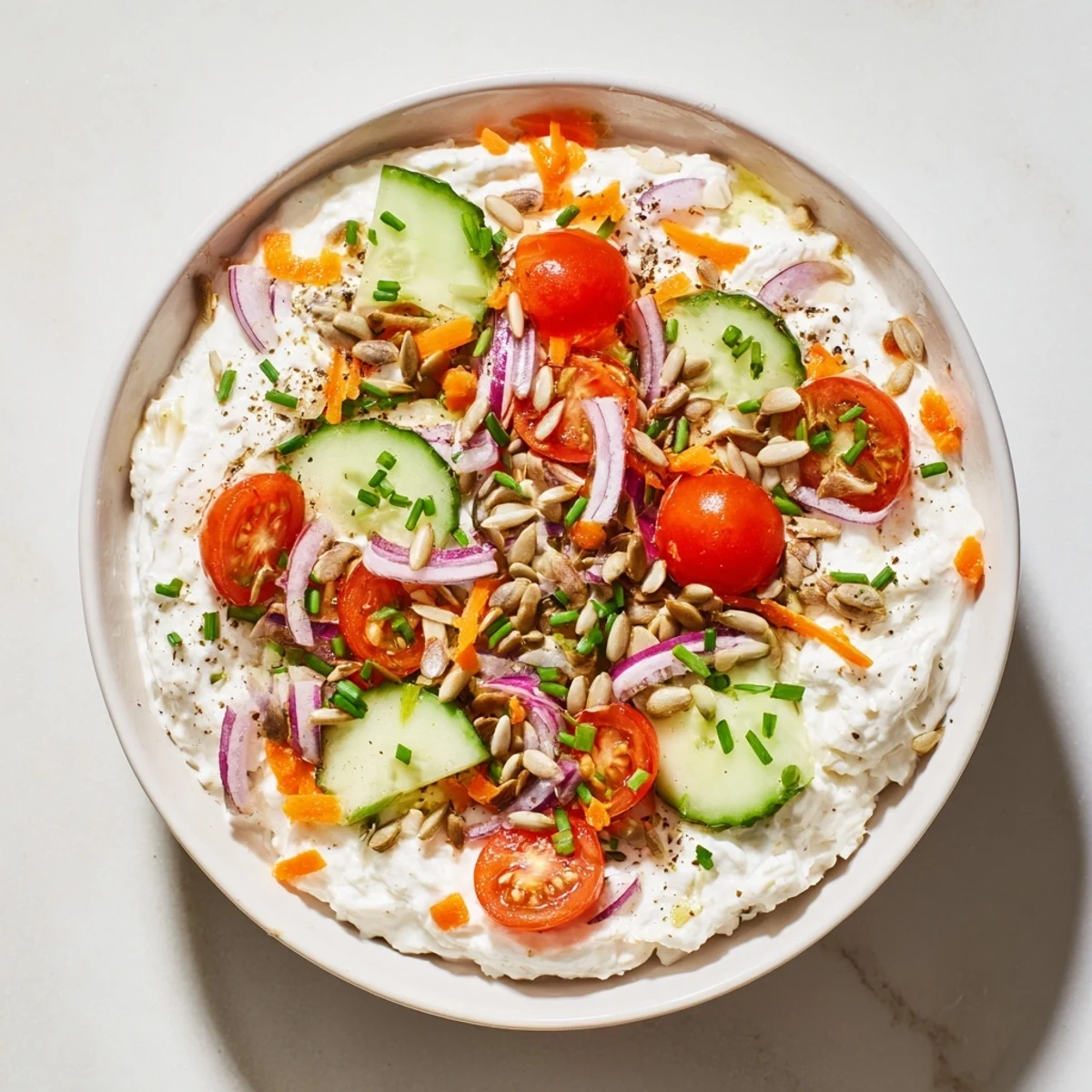 Vibrant cottage cheese snack bowl featuring colorful tomatoes, cucumbers, and a sprinkle of chives.