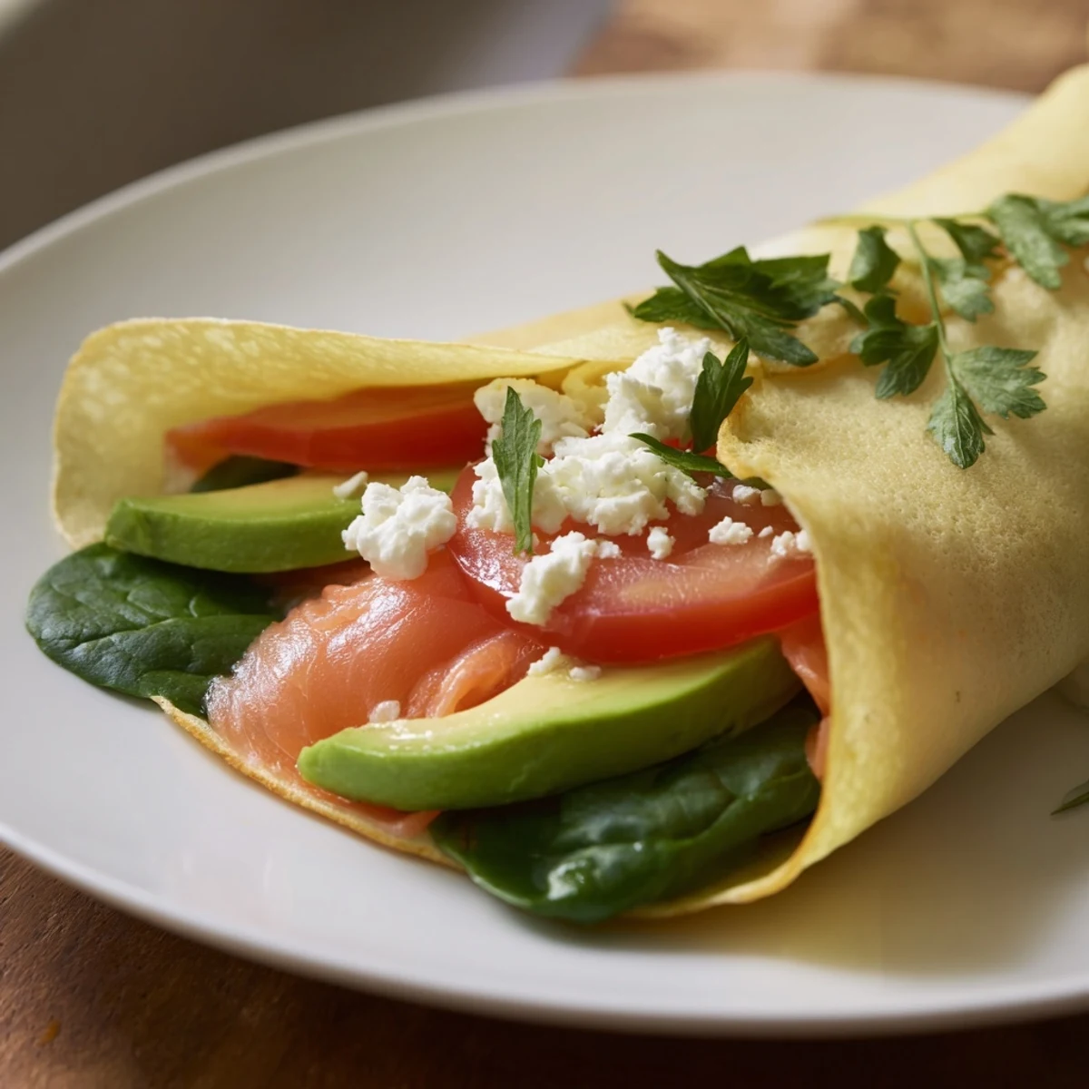 Golden-brown blender-egg crepe wrap, filled with spinach and salmon, ready to eat for a healthy breakfast.