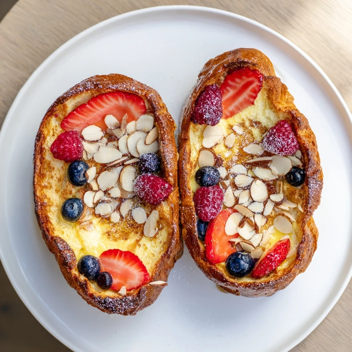 Golden-brown custard toast topped with fresh berries, a delicious, easy breakfast delight.