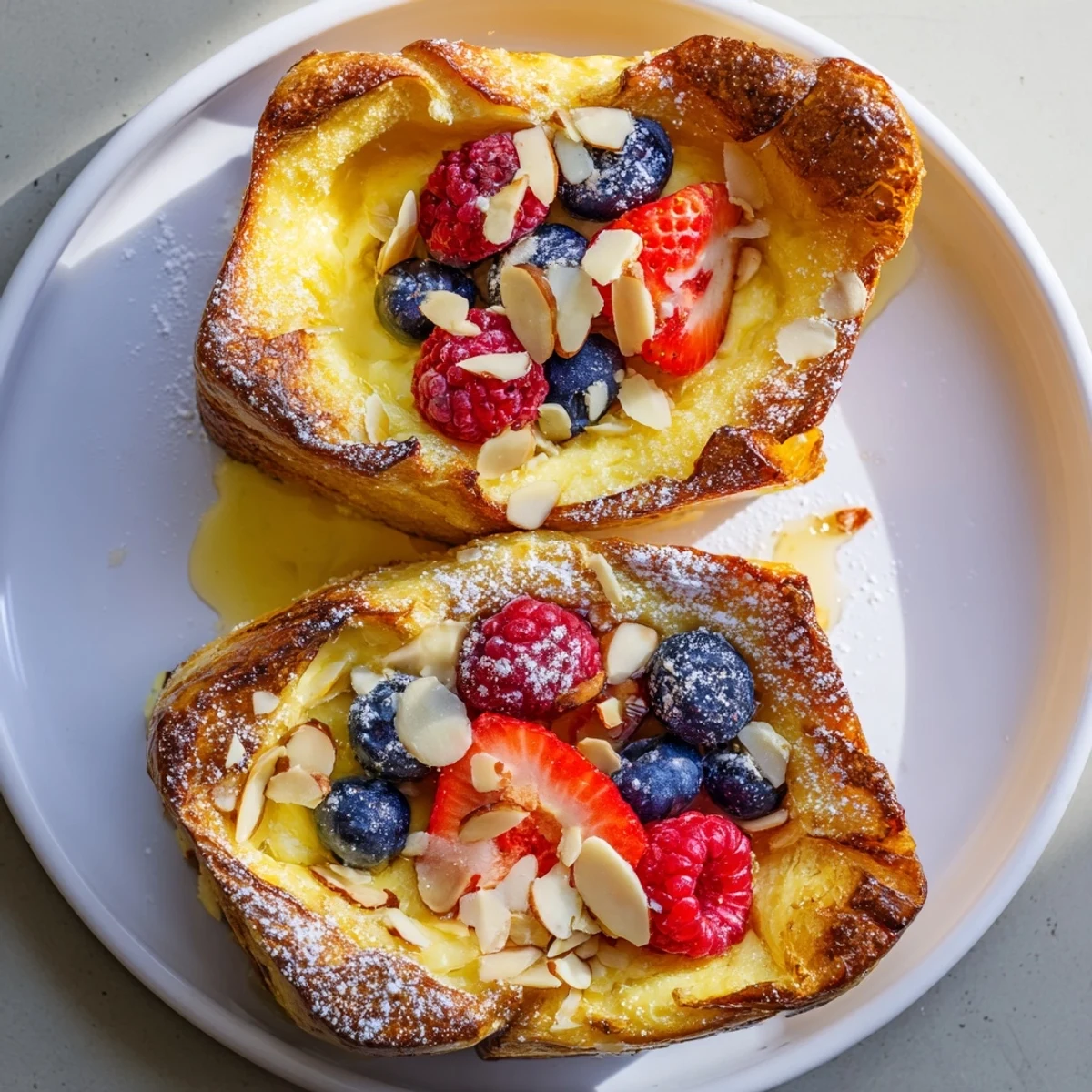 Crispy-edged custard toast reveals a soft, creamy interior; perfect with a dusting of powdered sugar.