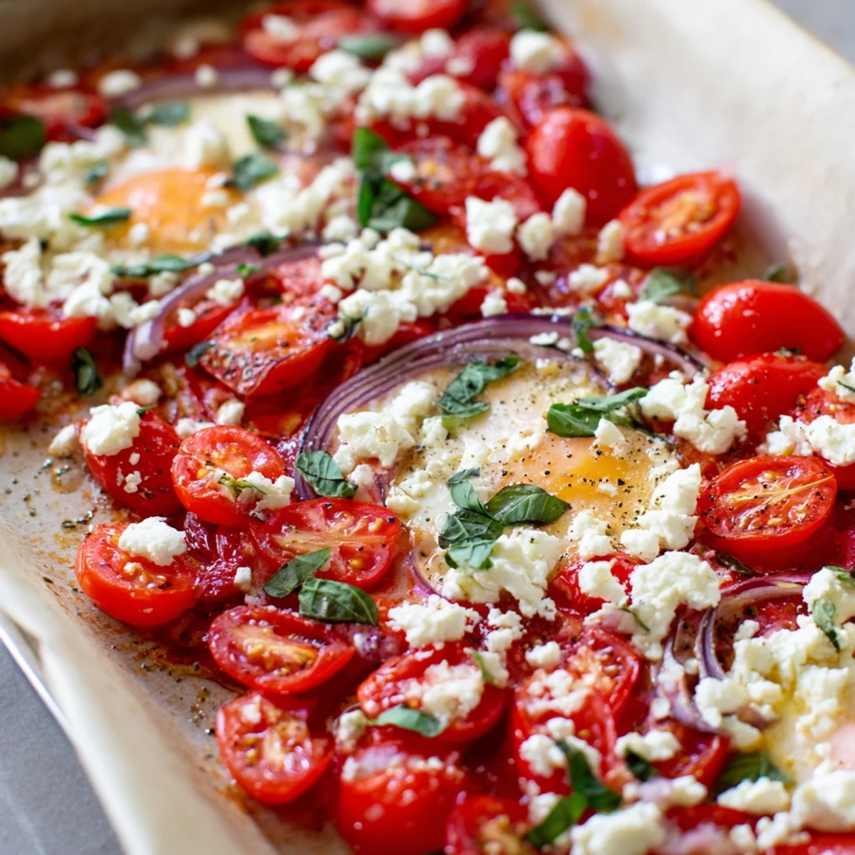 These baked Tomato Feta Baked Eggs boast vibrant colors from roasted tomatoes, fresh herbs, and creamy feta.