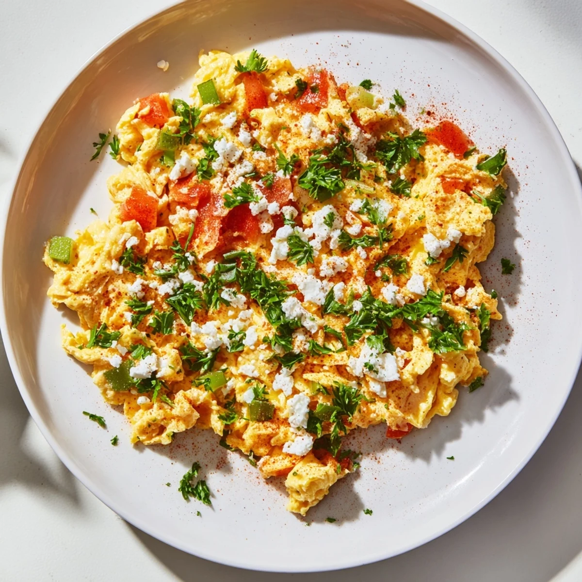 Golden Turkish Menemen scramble, creamy eggs nestled in a vibrant tomato and pepper sauce, ready to serve.