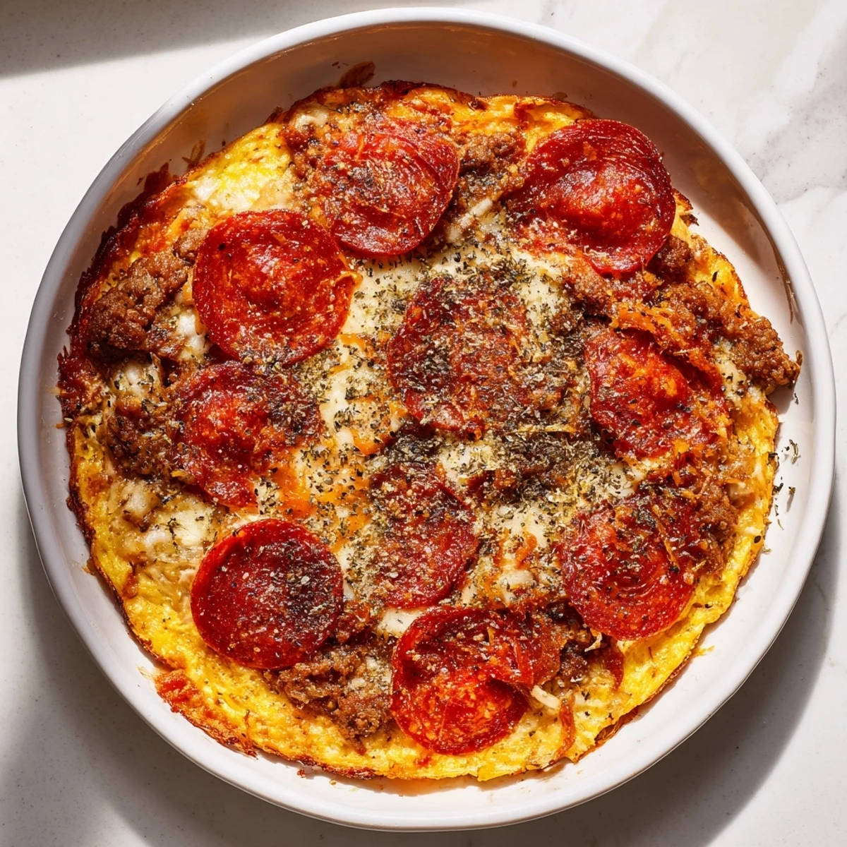 Melted mozzarella blankets a Meat Pizza Pepperoni Stack with rich tomato sauce and savory ground beef.