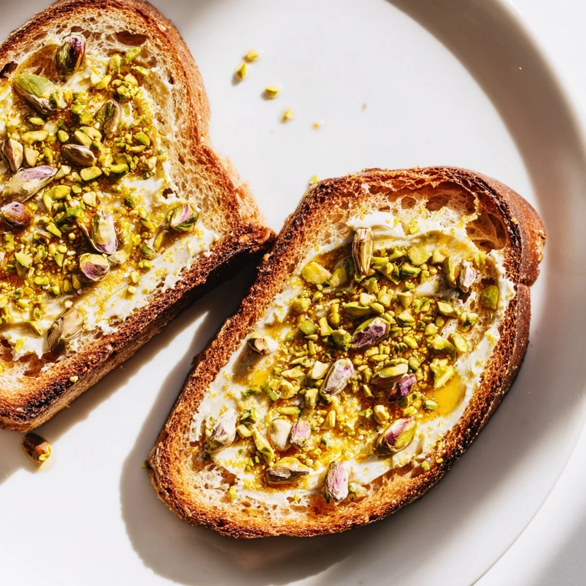 Delicious pistachio butter toast ready to eat, with glistening honey and a sprinkling of sea salt.