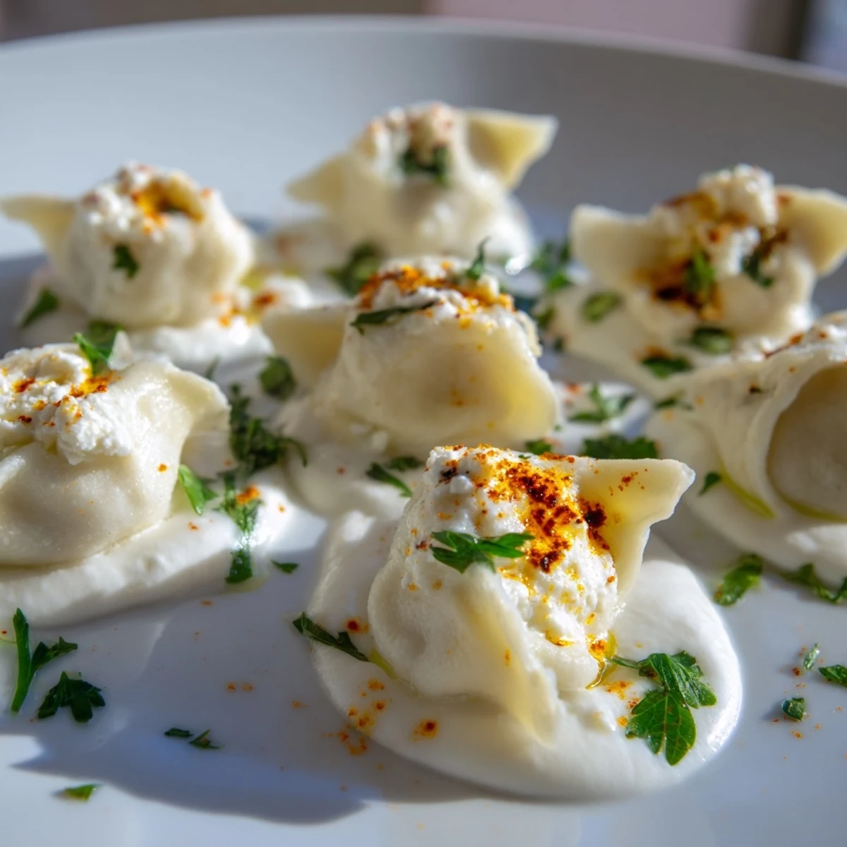 Steaming Turkish cheesy manti dumplings topped with garlicky yogurt and vibrant spiced butter.