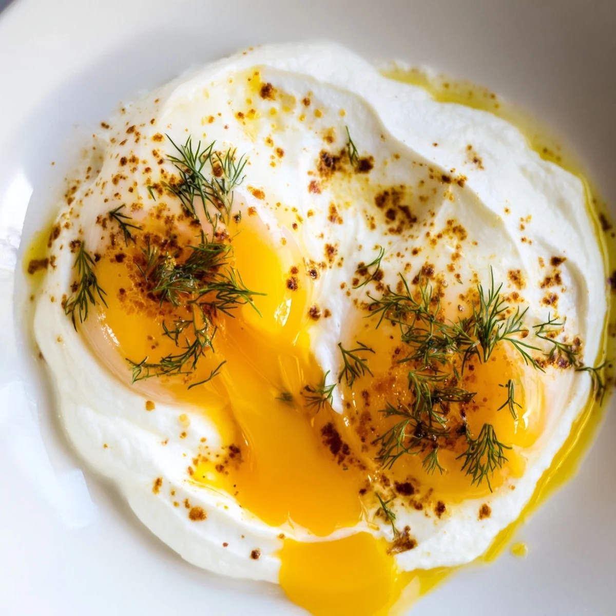 This photo shows a delicious Cilbir dish, with runny yolks and flavorful spiced butter.