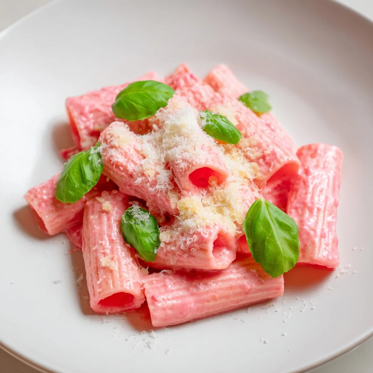 Bright pink pasta twirled, showcasing a creamy Pink Pasta with Beet Cream, ready to be enjoyed.