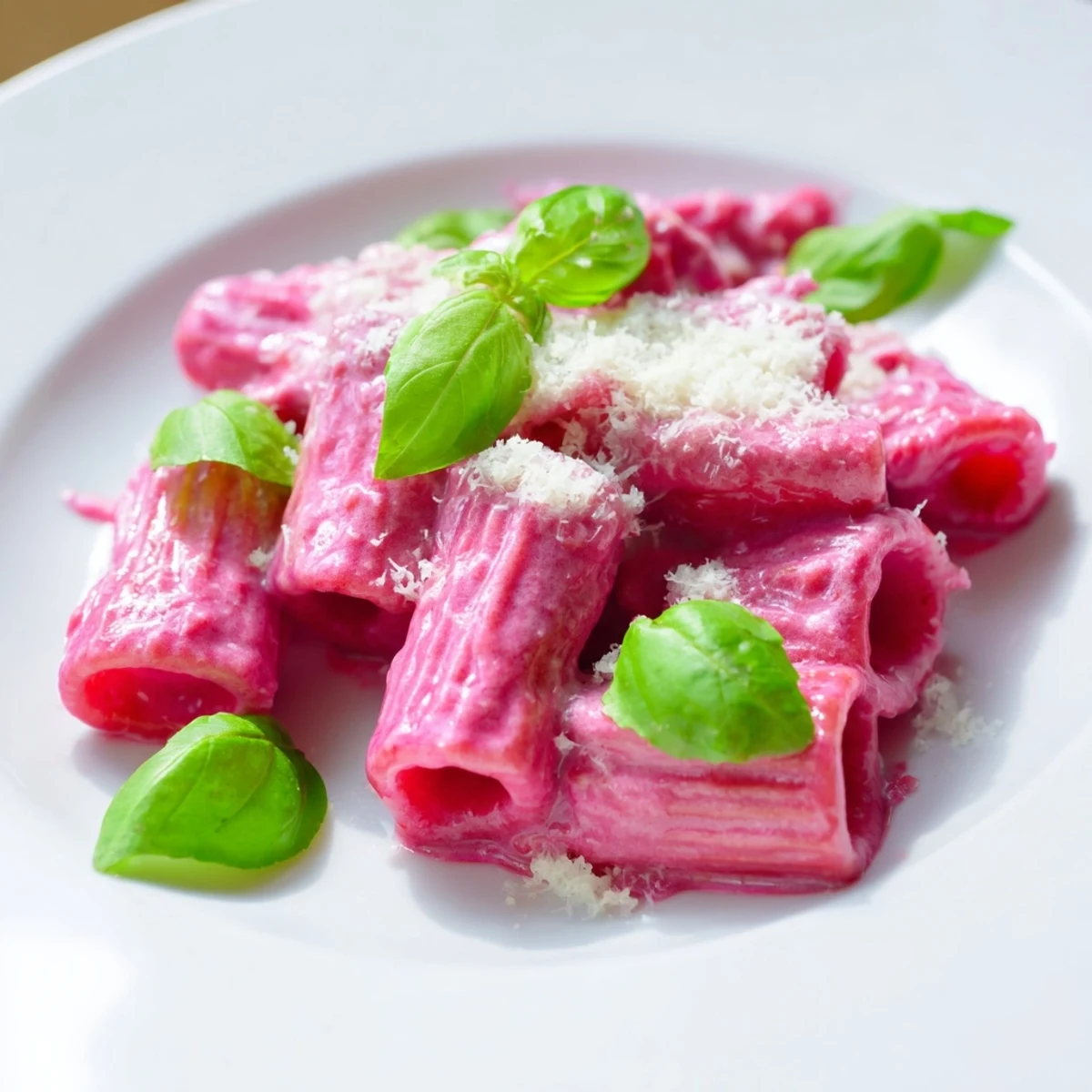 Delicious bowl of Pink Pasta with Beet Cream, a vegetarian meal with a bright beetroot sauce and Parmesan topping.