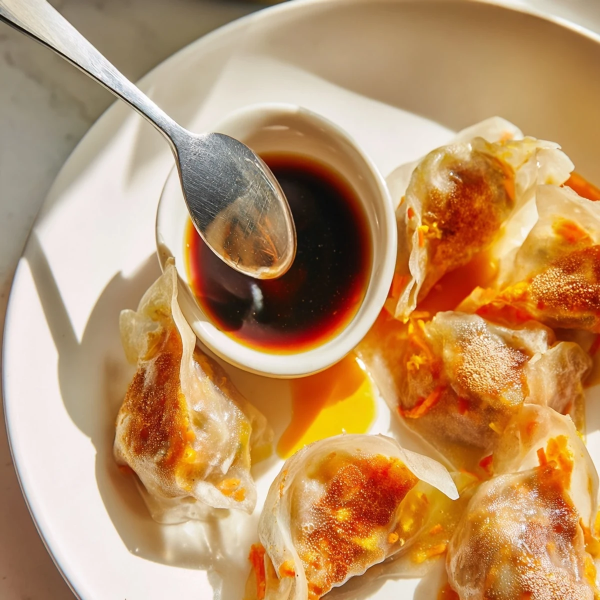 Close-up of freshly pan-fried rice paper dumplings with a luscious, savory filling, served with sauce.