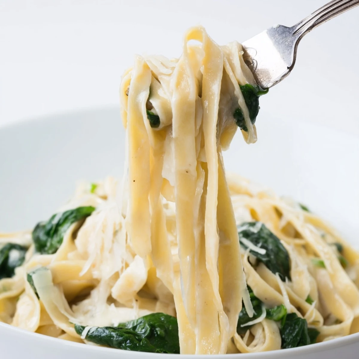 A close-up of Creamy Garlic Spinach Pasta showing steaming fettuccine tossed with fresh spinach and creamy garlic sauce.