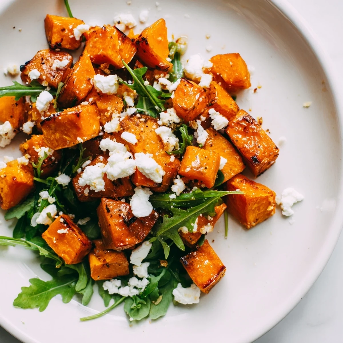 A vibrant Roasted Sweet Potato Salad with golden, caramelized sweet potatoes tossed in a tangy honey-lime dressing, topped with crumbled feta.