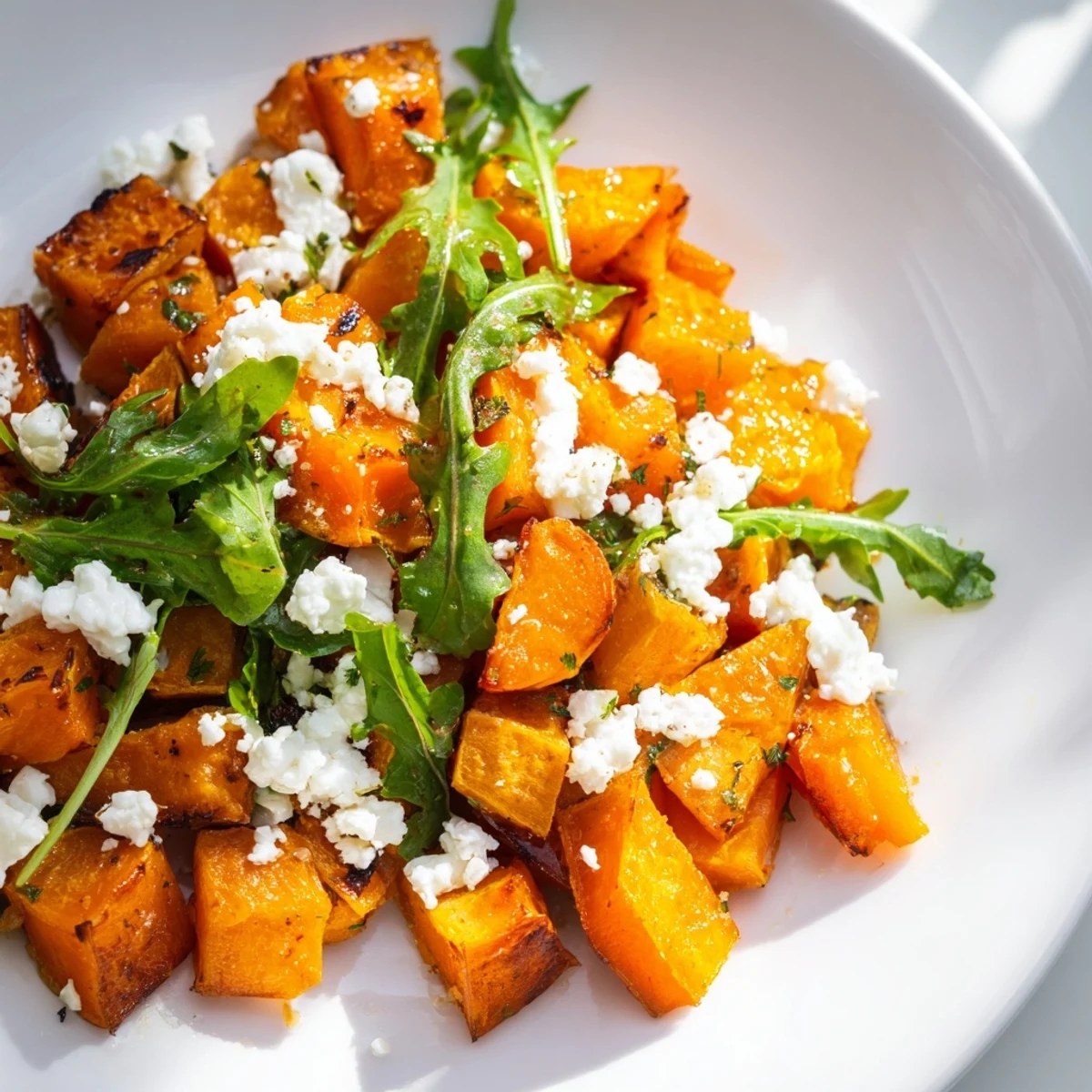Fresh arugula and thinly sliced red onion add a peppery crunch to the warm roasted sweet potatoes in this colorful vegetarian salad.