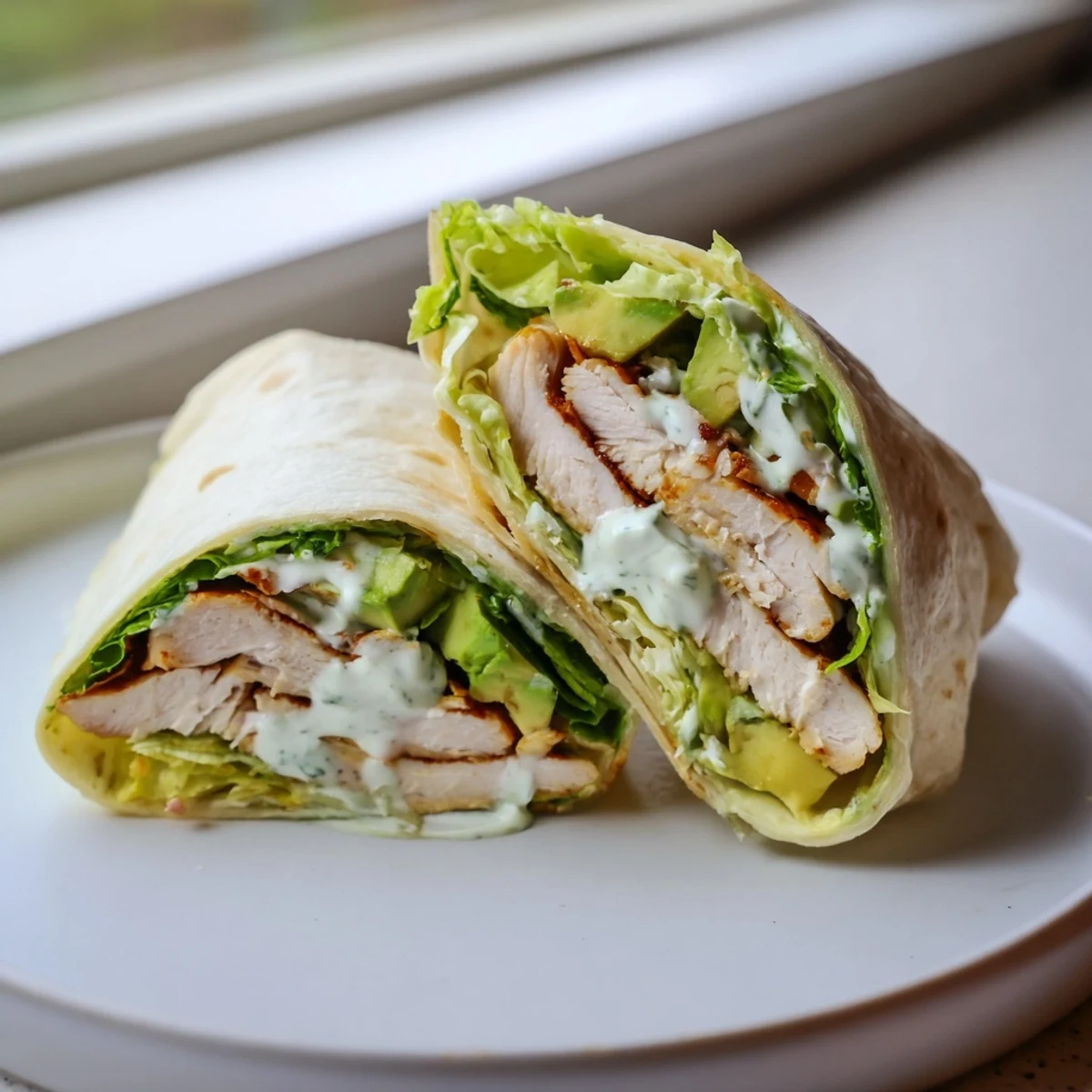 Warm Smoky Chipotle Chicken Wrap filled with grilled chicken, creamy avocado, and crisp lettuce, drizzled with tangy Greek yogurt sauce.  