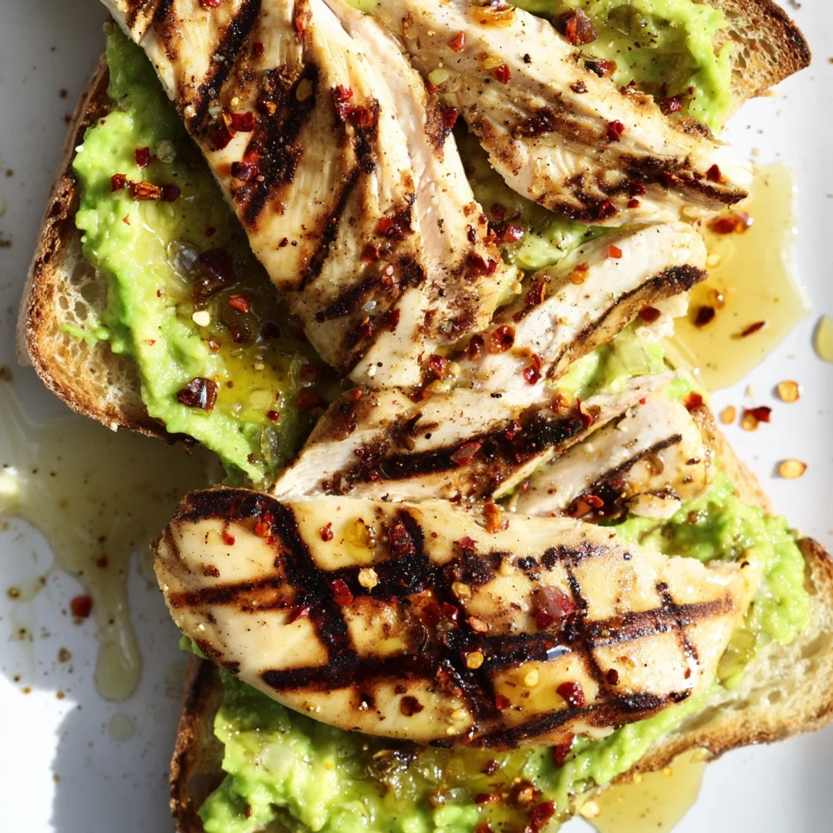 Smashed Avocado Chicken Toast features tender sliced chicken over lemony avocado mash on crisp sourdough.  