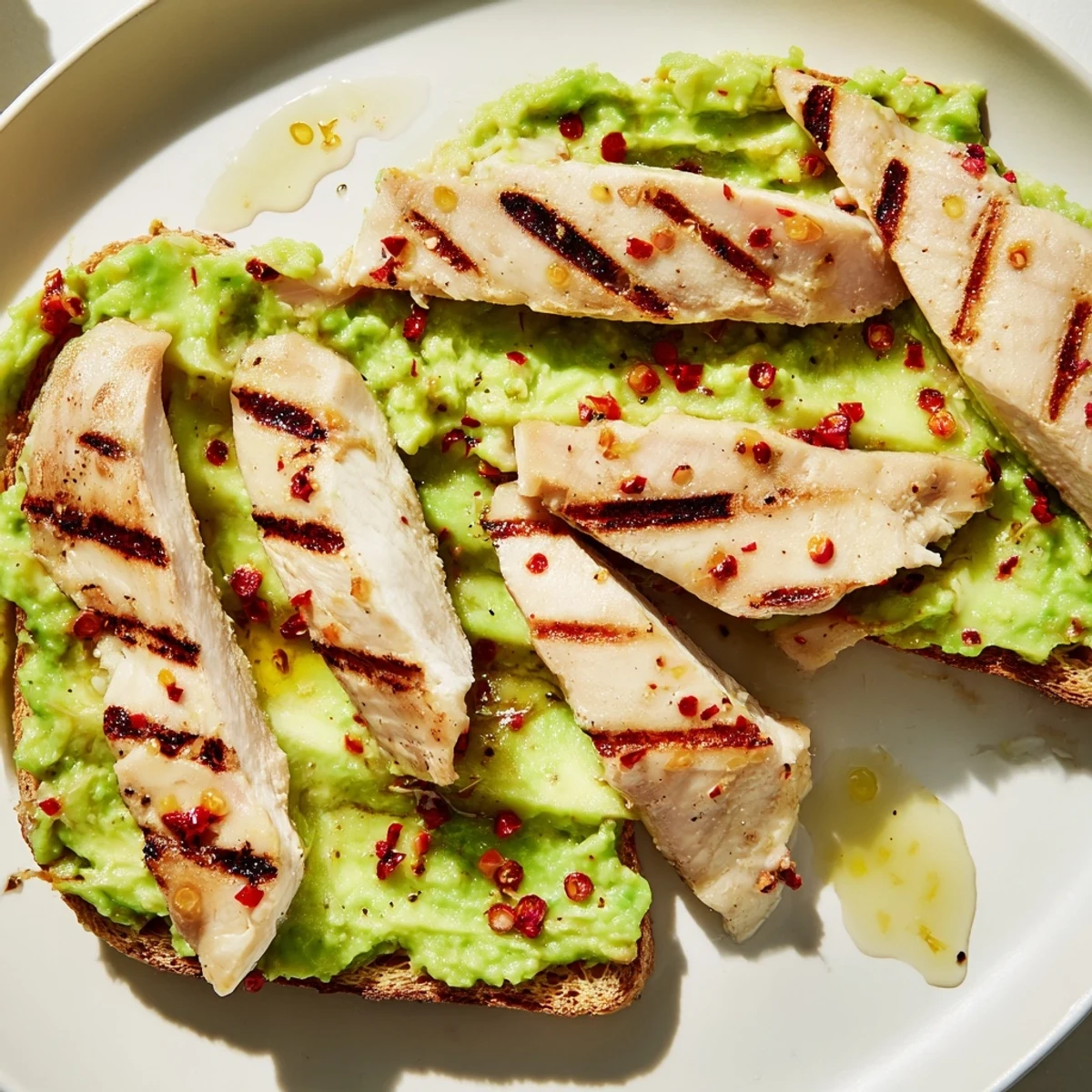 Golden grilled chicken slices rest on creamy smashed avocado, sprinkled with chili flakes and drizzled with honey on crusty toast.  