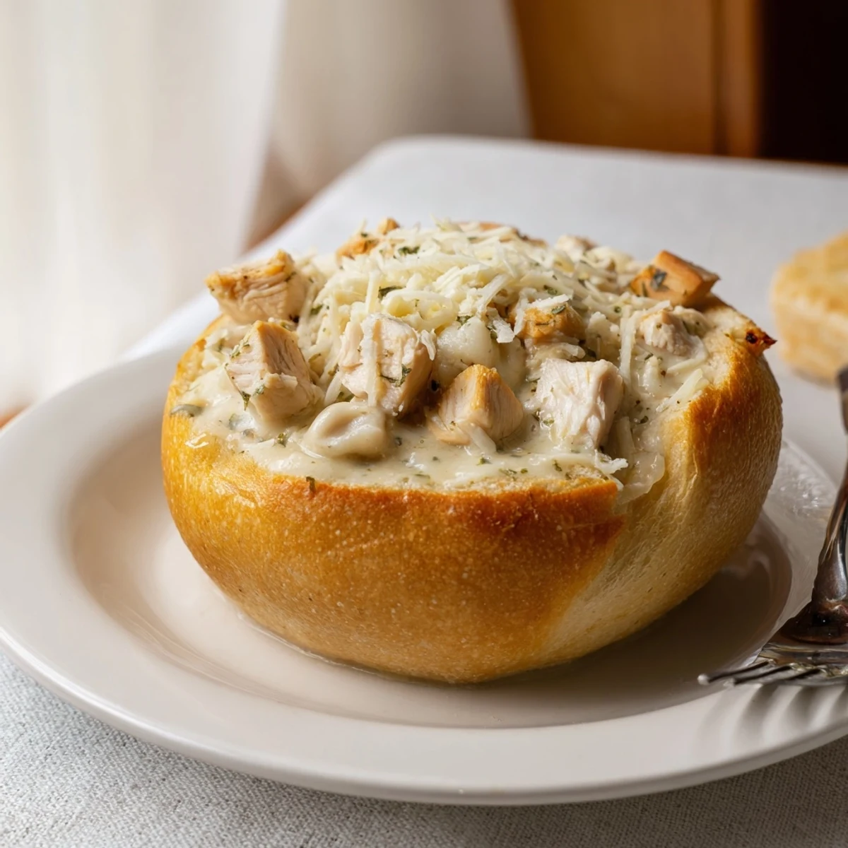 A warm, golden bread bowl brimming with creamy chicken Alfredo, topped with melted Parmesan and fresh parsley for a comforting Italian-American dinner.  