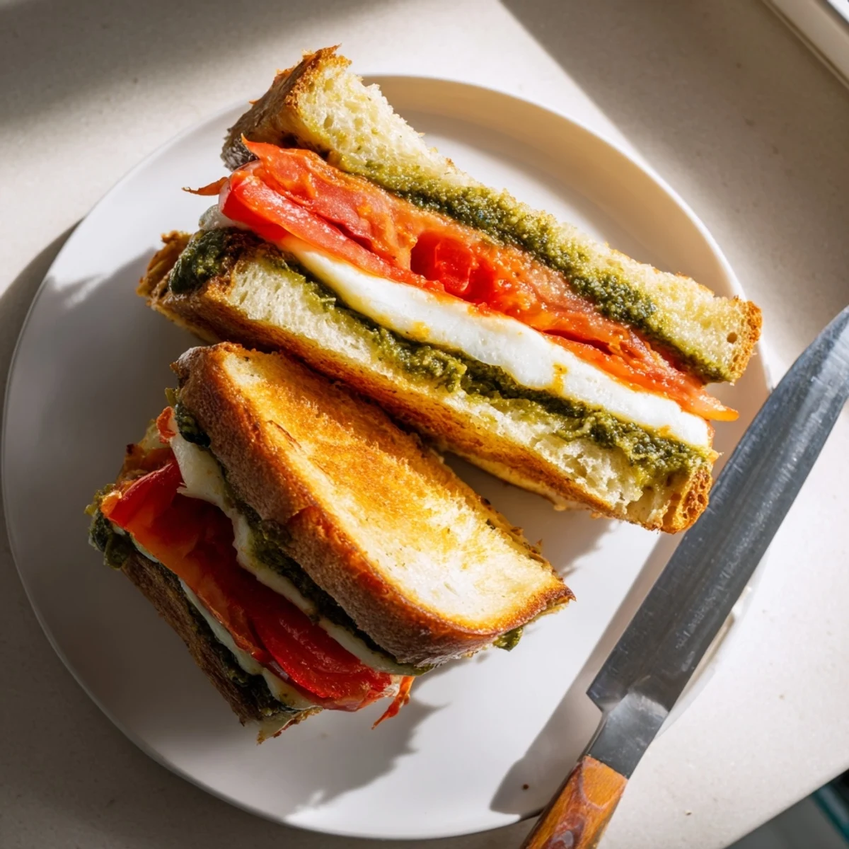 Golden-brown Caprese Pesto Grilled Cheese oozing melted mozzarella, layered with ripe tomato slices and fresh basil pesto between crispy sourdough.