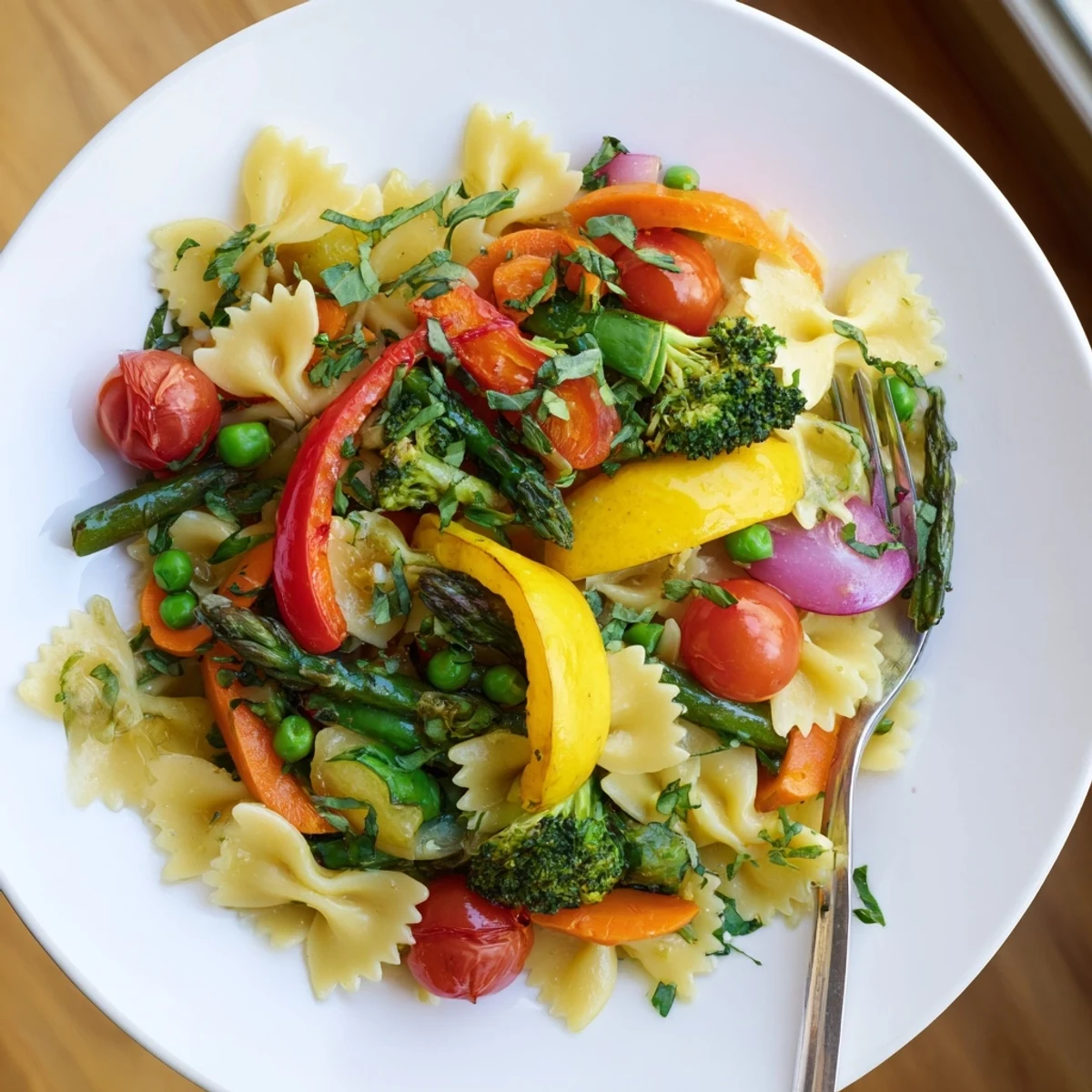 A close-up of Rainbow Veggie Pasta Primavera highlights fresh herbs and a light garlic olive oil sauce perfect for weeknight dinners.  