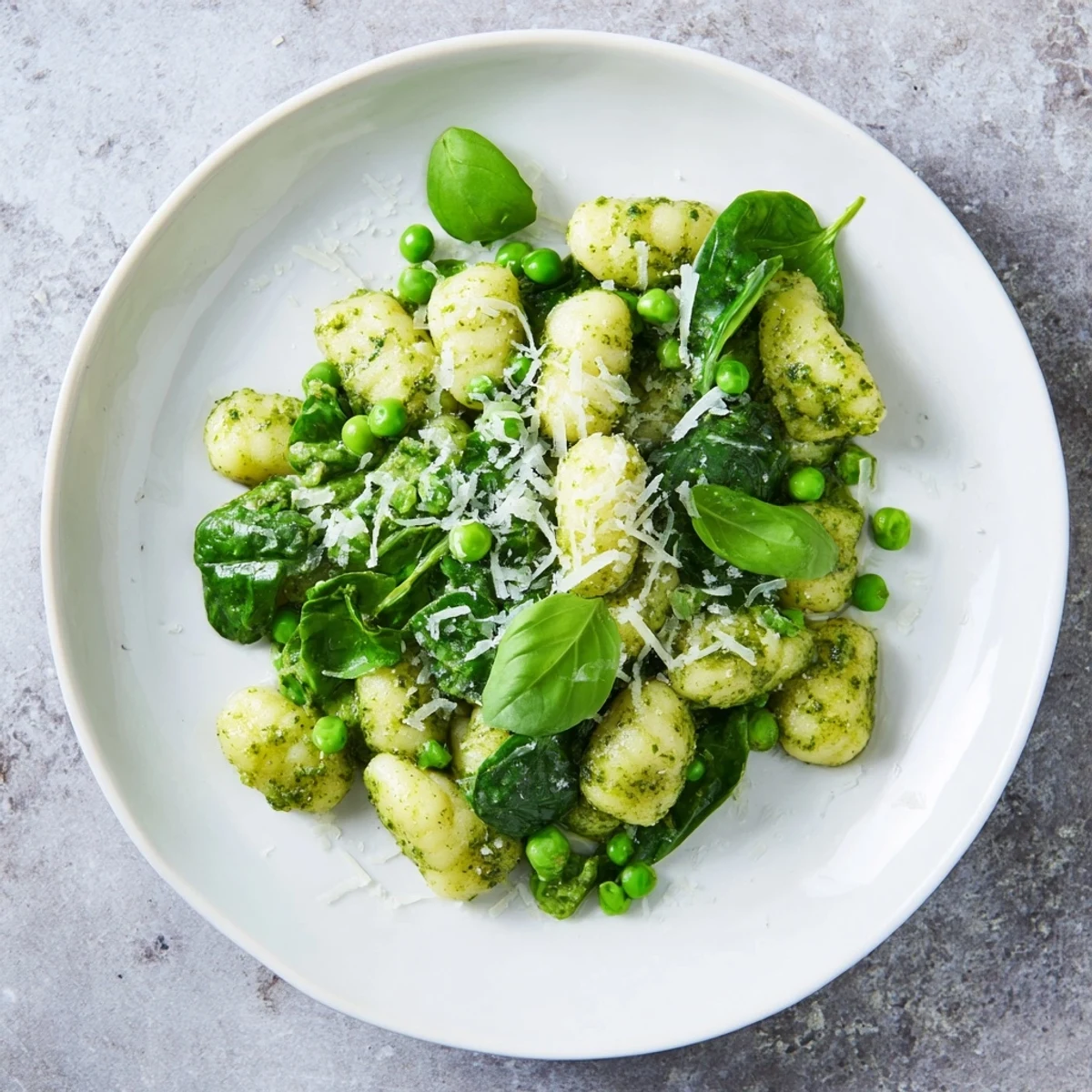 Shelf-stable gnocchi pan-fried until crisp with peas and spinach, ready for a quick dinner.