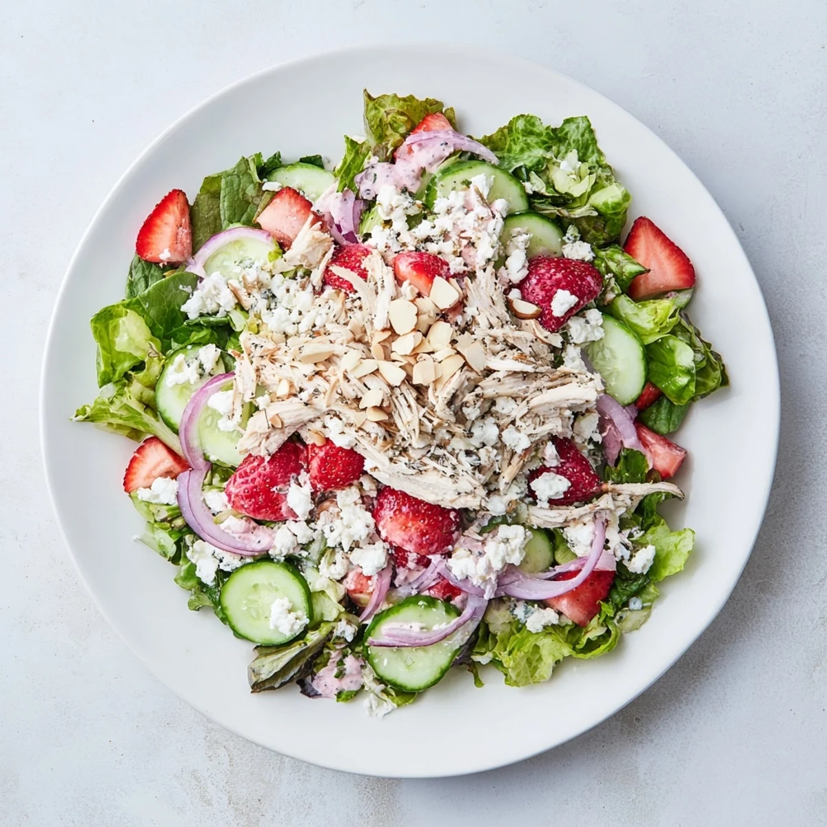 Juicy strawberries and shredded chicken rest on crisp greens, topped with a creamy poppy seed dressing in this summery Strawberry Poppy Seed Chicken Salad.  