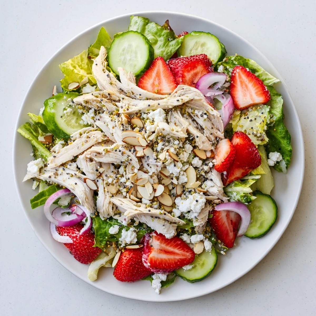 Vibrant red strawberries and cucumbers mingle with tender chicken, almonds, and feta over mixed greens in a fresh Strawberry Poppy Seed Chicken Salad.  