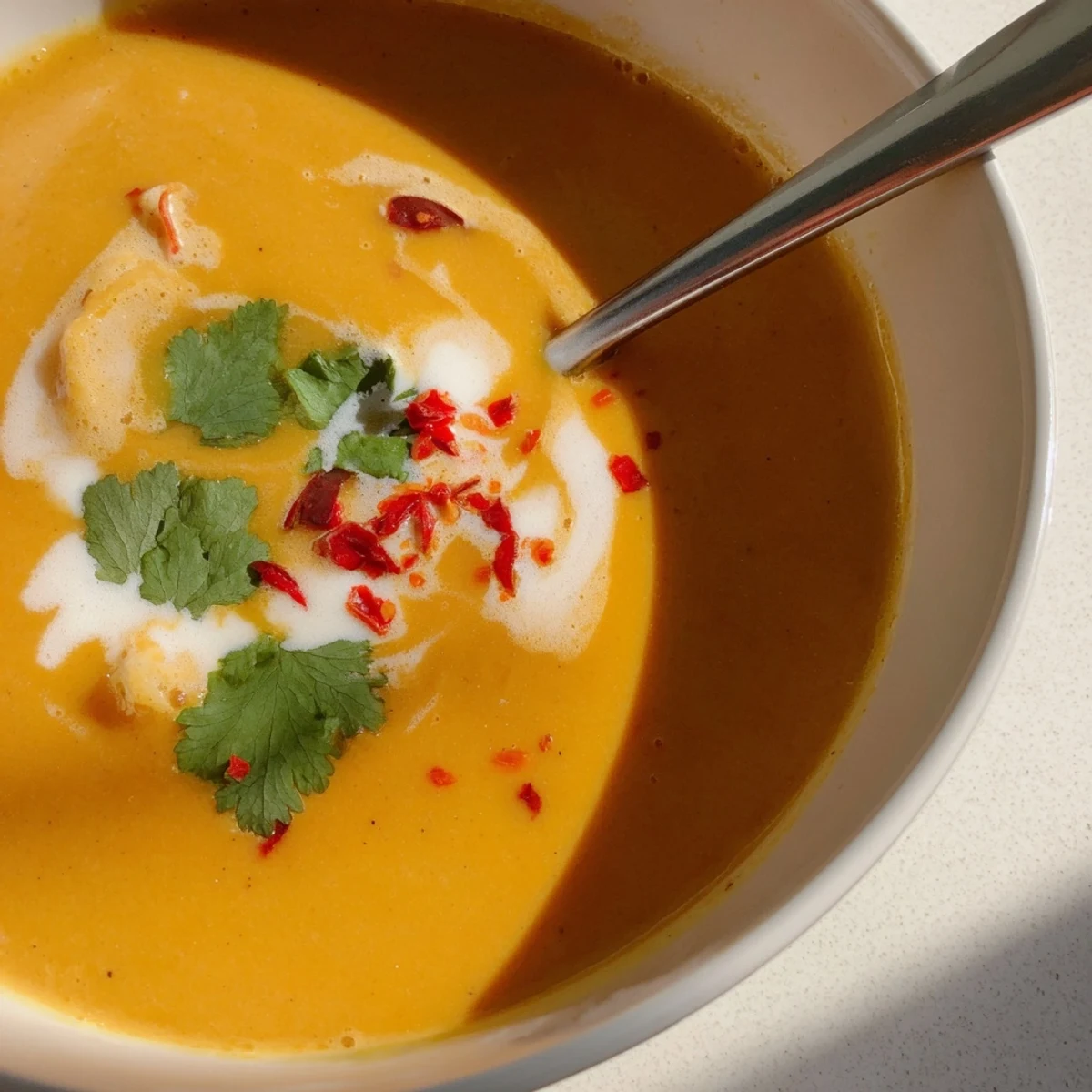 A bowl of vibrant Carrot, Celeriac, and Chilli Soup garnished with fresh cilantro and a swirl of vegan yogurt.  