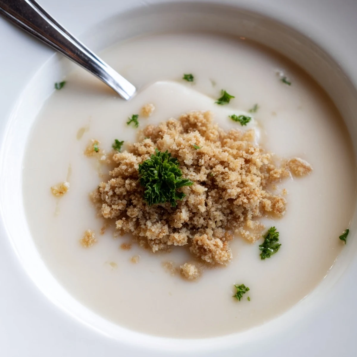 A vibrant, golden bowl of velvety celeriac soup garnished with a generous sprinkle of buttery hazelnut crumble.  