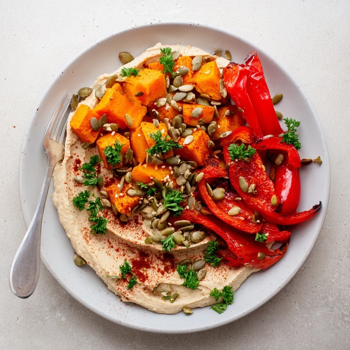 Roasted butternut squash and sweet potatoes top creamy butter bean hummus, garnished with toasted seeds and parsley.  