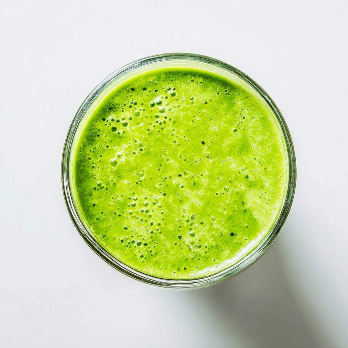 A tall glass of vibrant green detox smoothie made with romaine, spinach, banana, and apple, topped with chia seeds and a mint sprig.  
