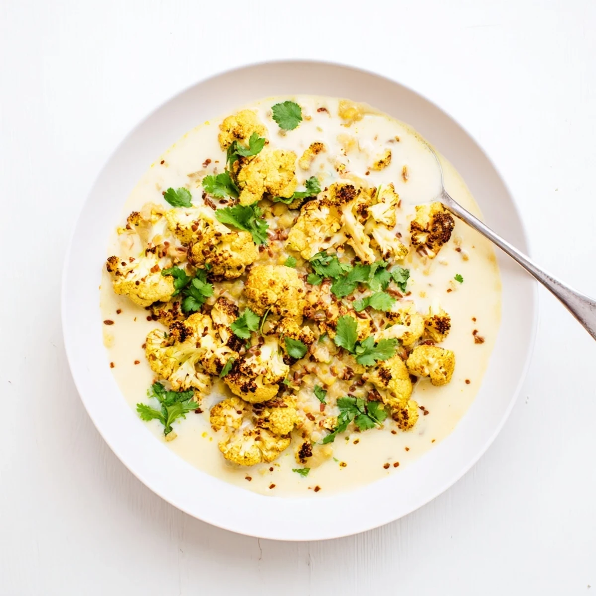Creamy red lentil dhal topped with golden, cumin-roasted cauliflower florets, garnished with fresh cilantro for a vibrant vegetarian meal.