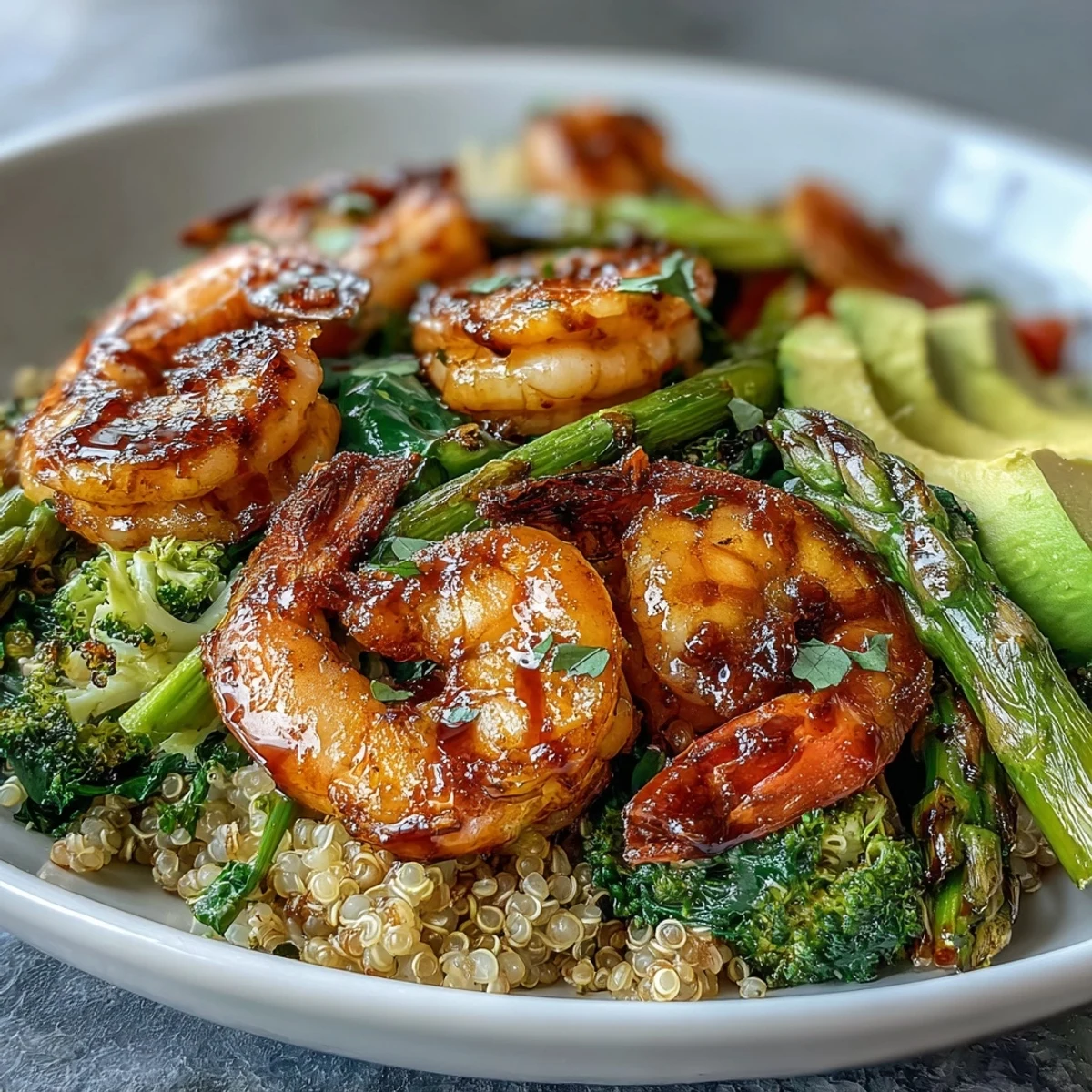 Vibrant Detox Buddha Bowl with succulent shrimp and creamy avocado, a healthy lunch.